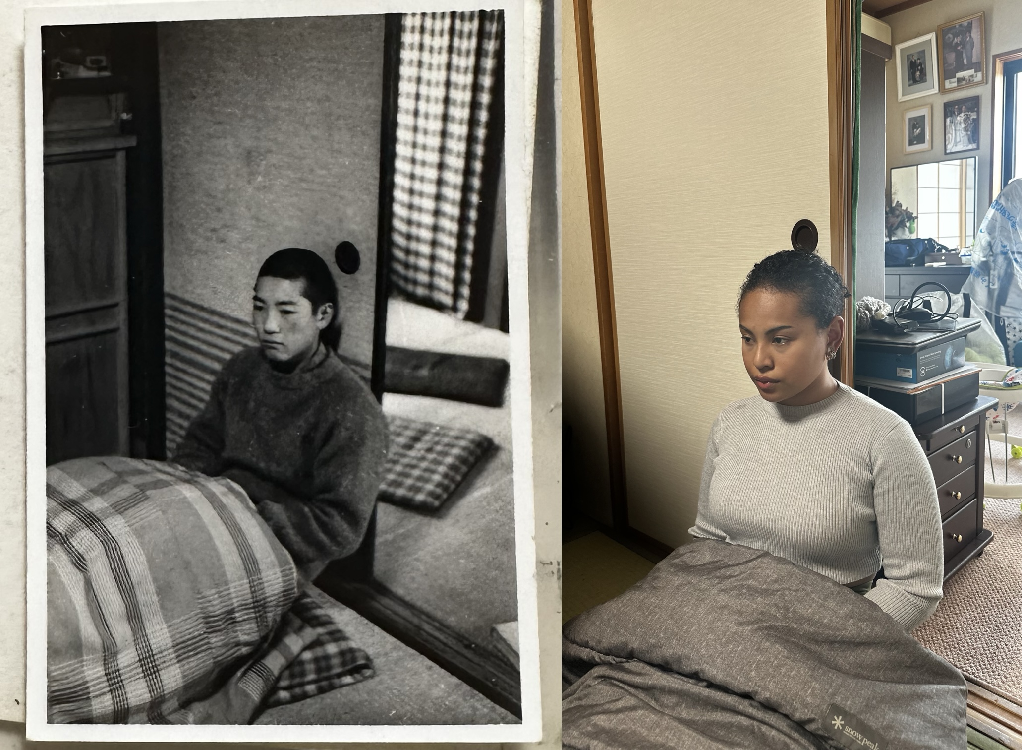 【写真】こたつに入り、過ごしている人の写真が2枚並んでいる。1枚は、なみちえさん、1枚は、なみちえさんの祖父