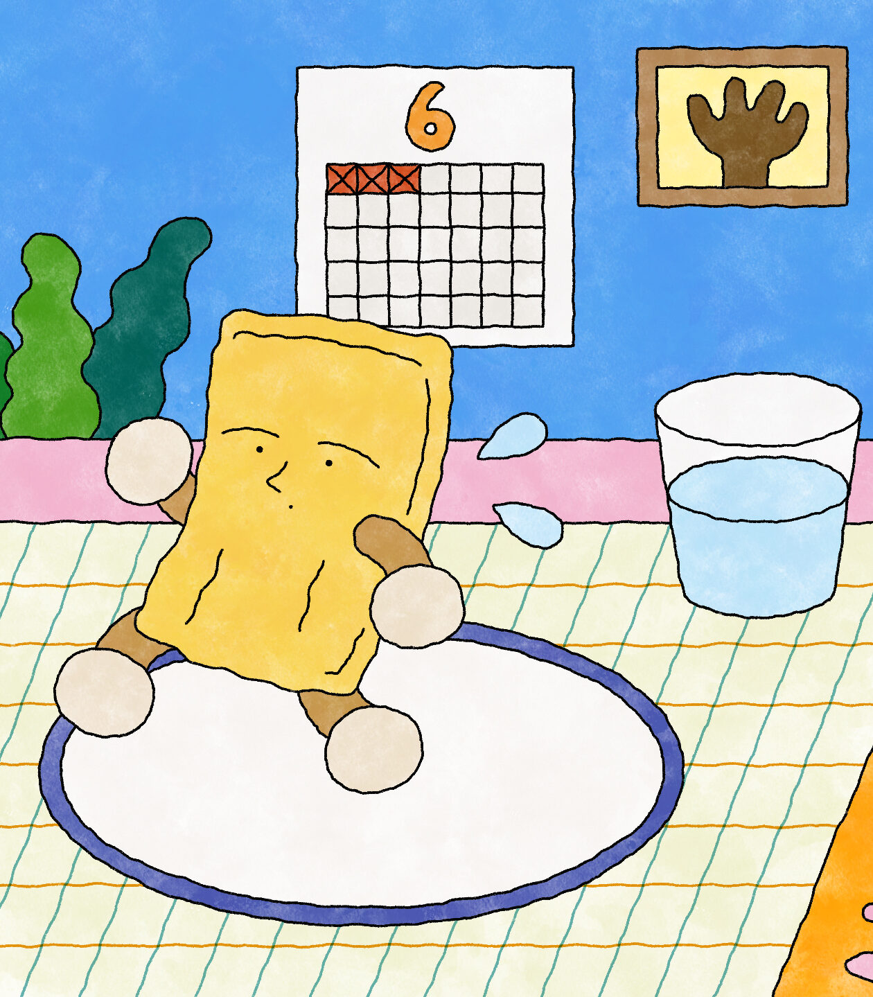 【イラスト】テーブルに1枚の皿が置いてある。その上で、手足や目や口がある油揚げさんが汗をかきながらどこかで移動しようとしている。