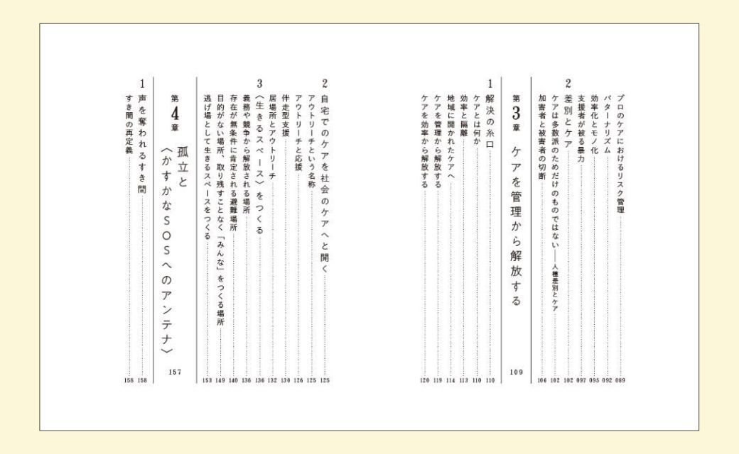 【画像】見開き目次ページ。第3章、ケアを管理から解放する、第4章、孤立とかすかなSOSへのアンテナ、の文字が目立つ