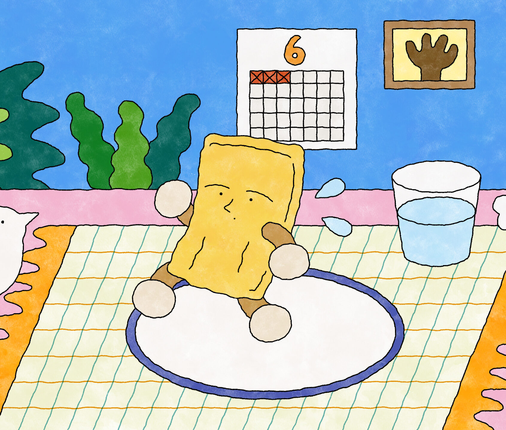 【イラスト】テーブルに1枚の皿が置いてある。その上で、手足や目や口がある油揚げさんが汗をかきながらどこかで移動しようとしている。