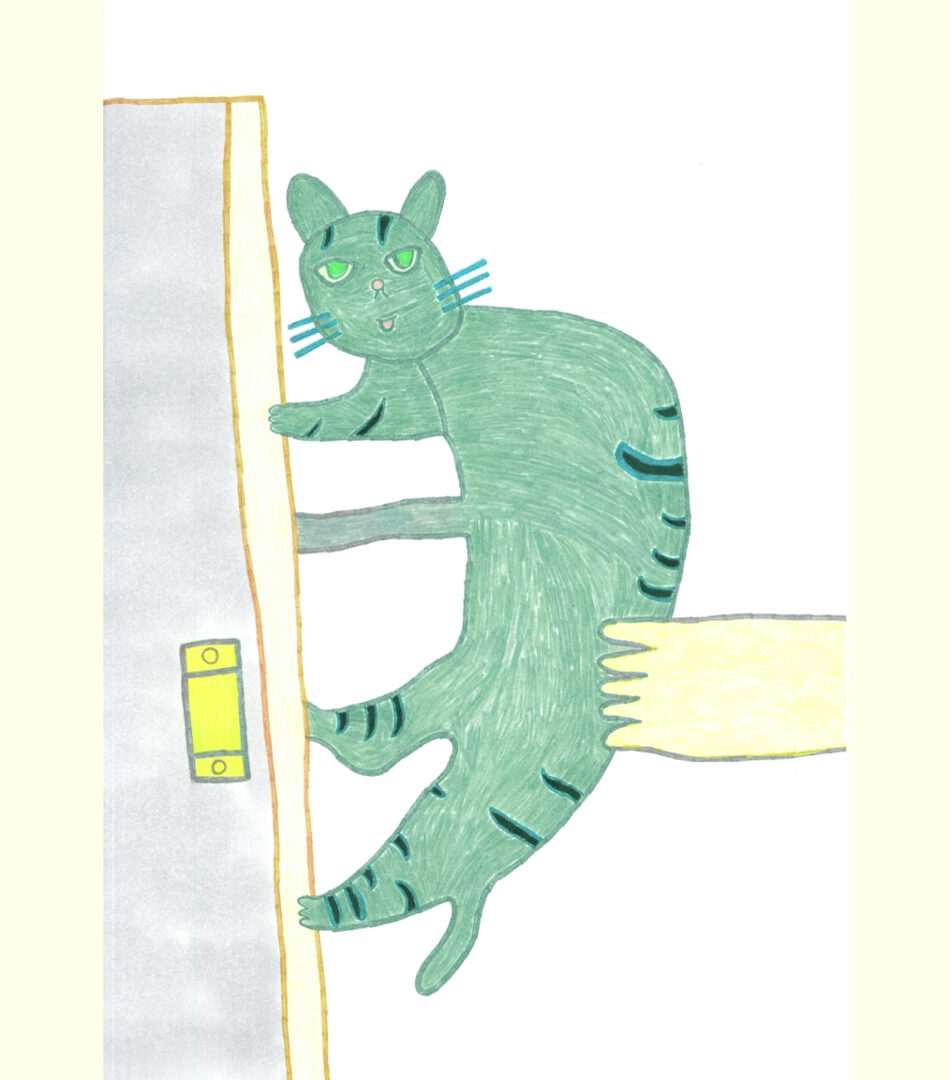 【イラスト】ドアにしがみついている、一匹の猫。その猫を引き剥がそうとする人間の手