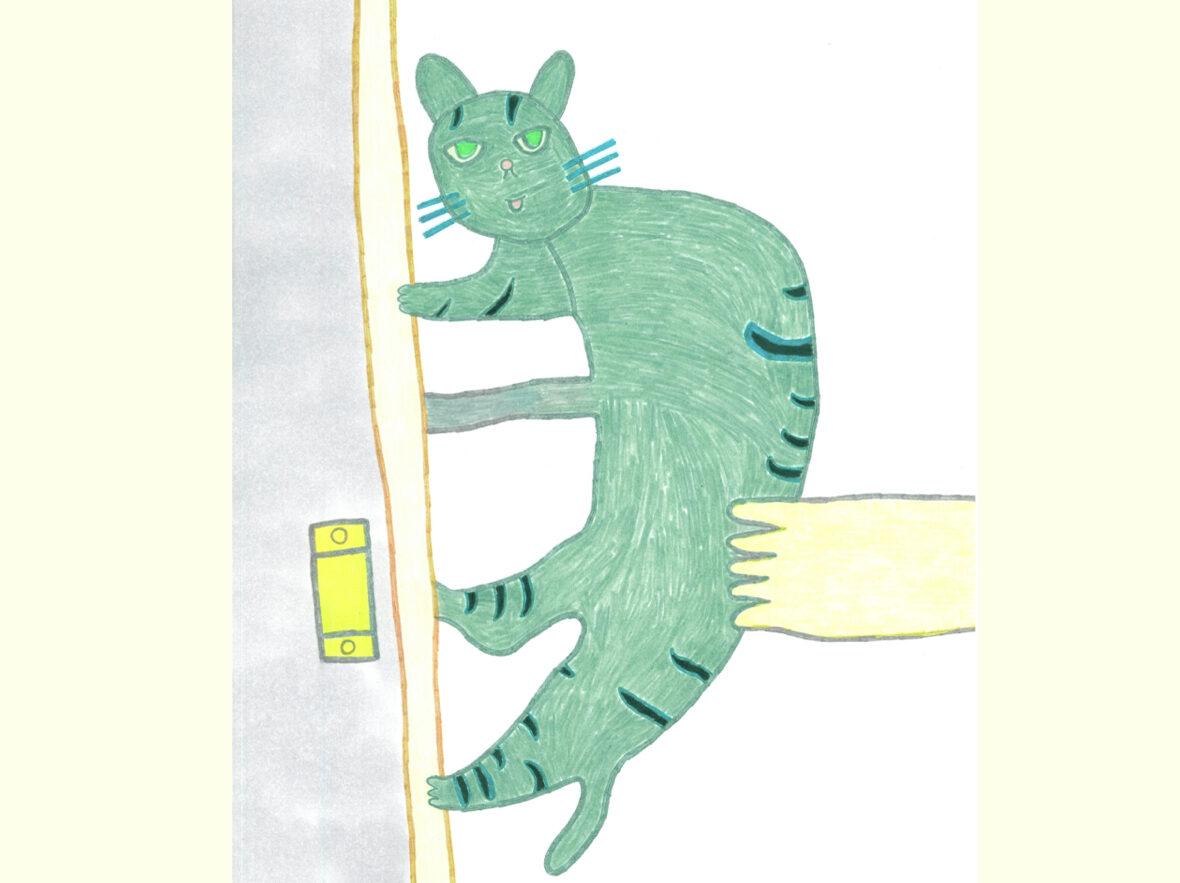 【イラスト】テーブルに1枚の皿が置いてある。その上で、手足や目や口がある油揚げさんが汗をかきながらどこかで移動しようとしている。