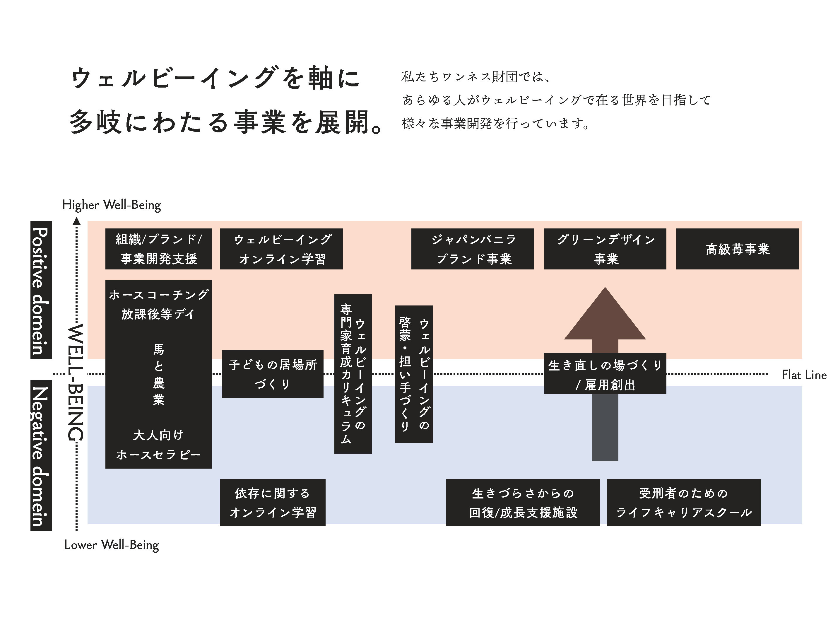 【画像】ウェルビーイングを軸にしたワンネス財団の事業展開図。縦軸の上がポジティブドメイン、下がネガティブドメイン