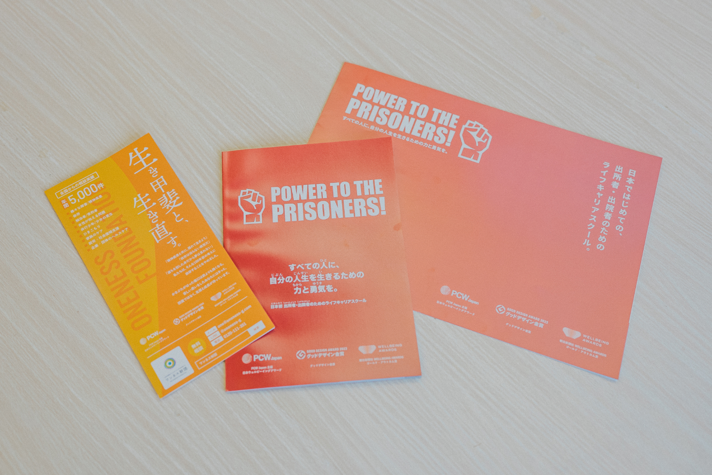 【写真】Power to the Prisoners! の3種類のリーフレット
