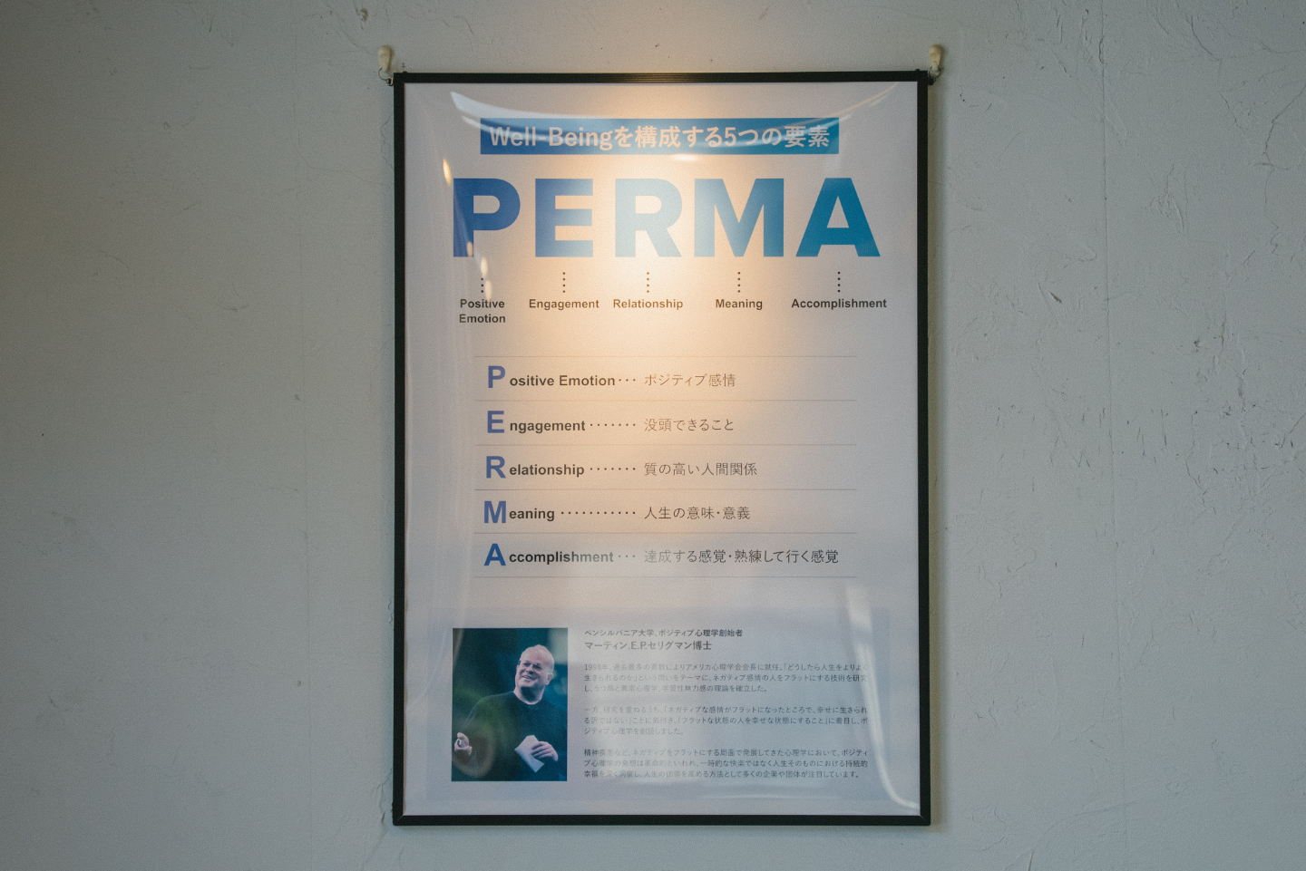 【写真】P、E、R、M、Aの5つの文字が目立つポスター。それぞれ、ウェルビーイングに必要な要素を示している