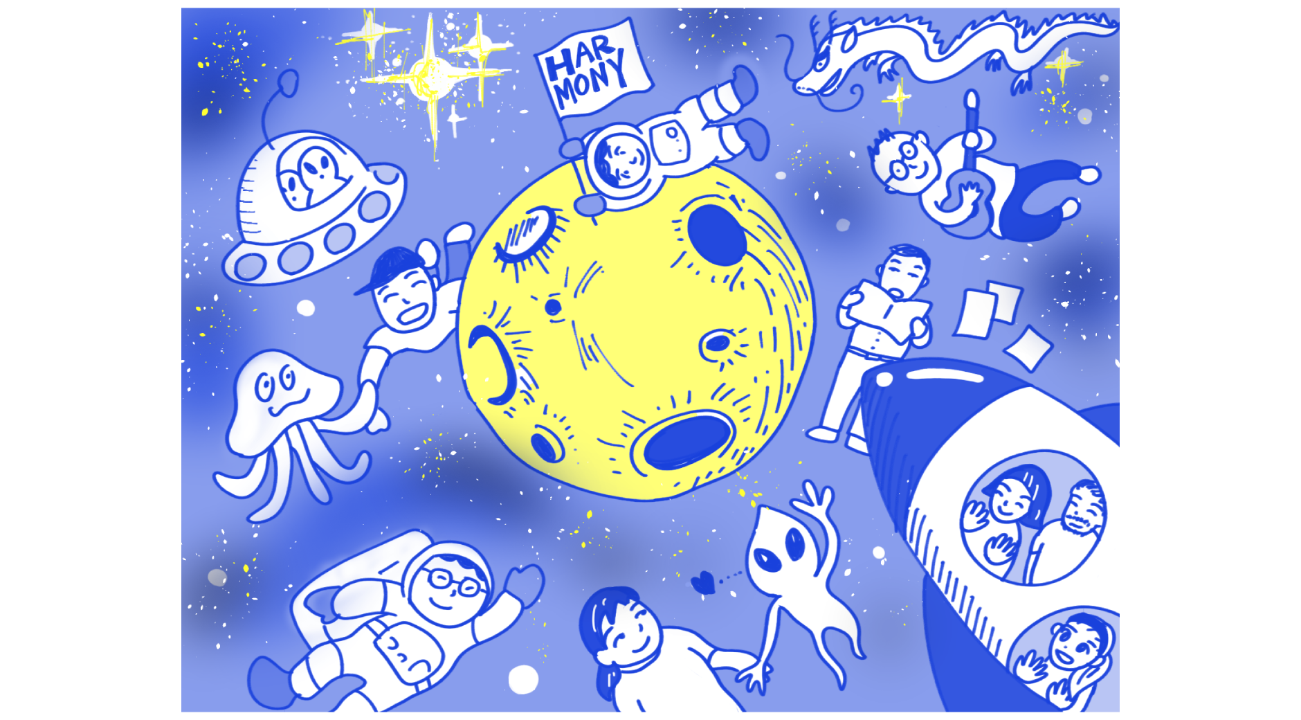 【イラスト】宇宙空間で、各々過ごすハーモニーメンバーたち