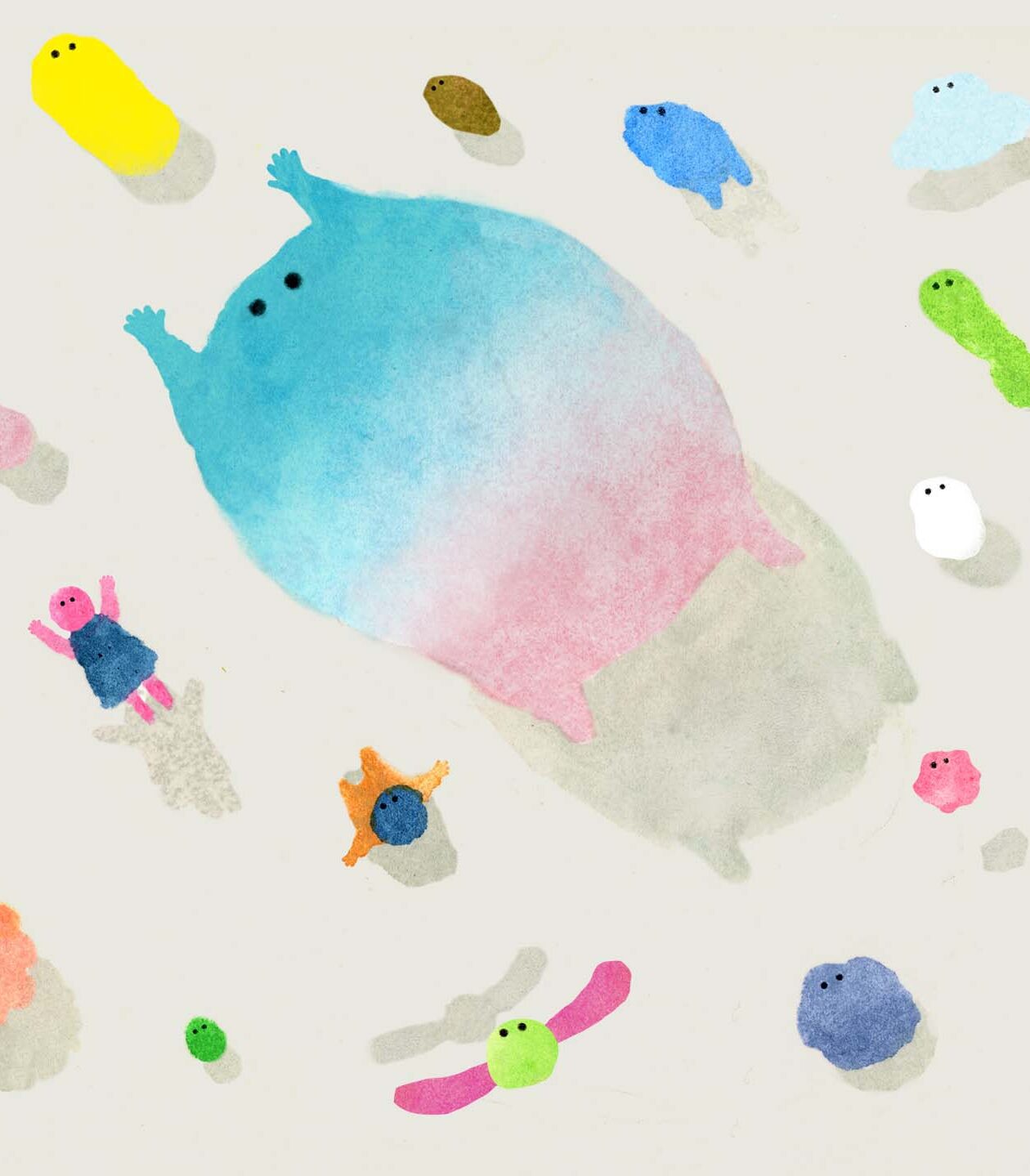 【イラスト】さまざまな形の生き物たちが、歩いたり、浮いたりしながら移動している