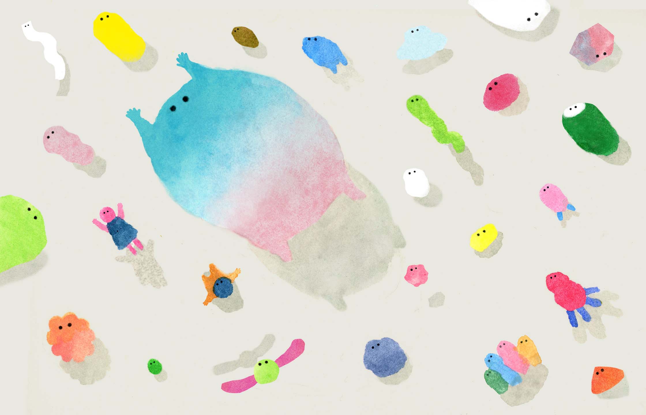【イラスト】さまざまな形の生き物たちが、歩いたり、浮いたりしながら移動している