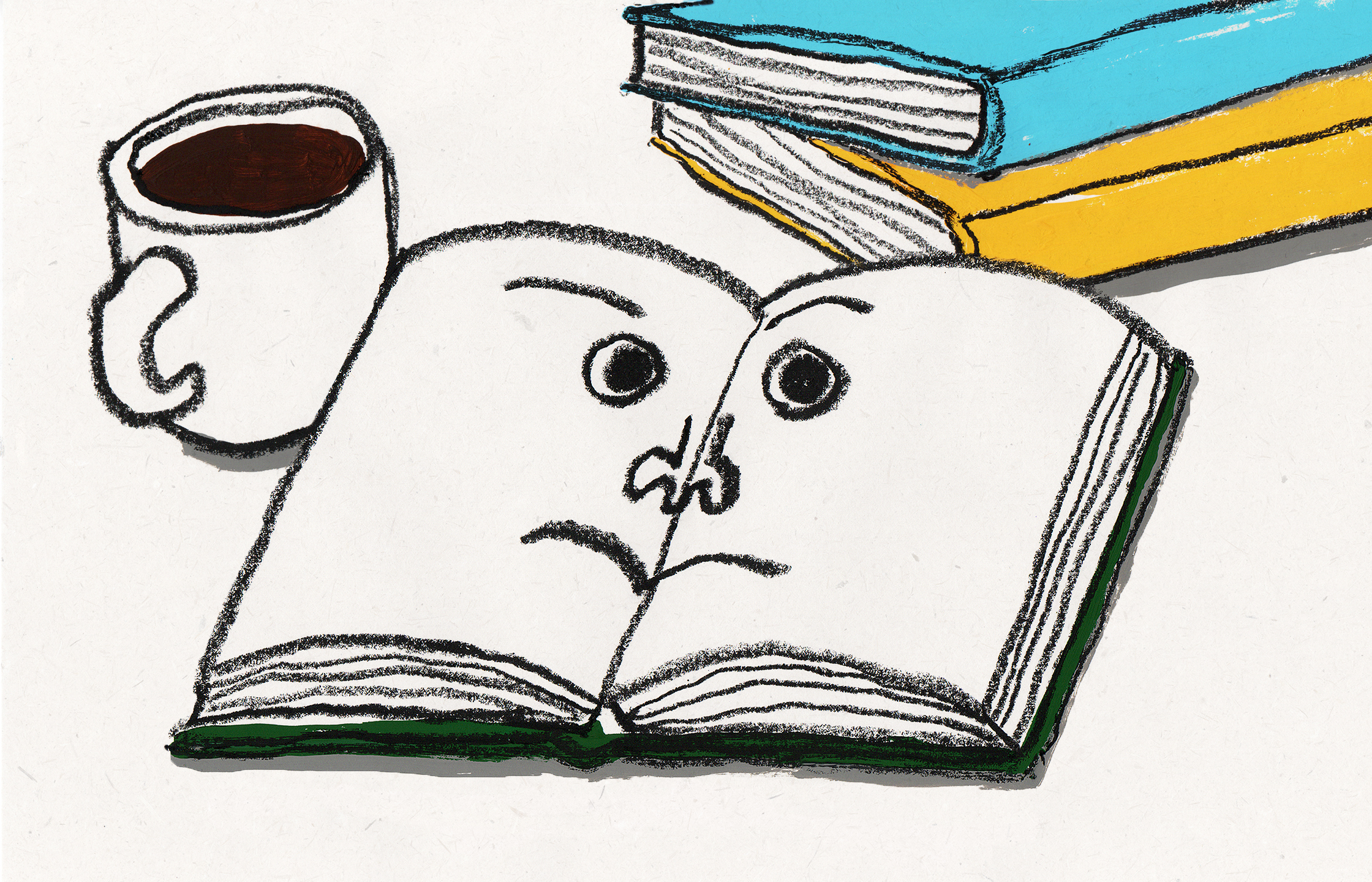 【イラスト】テーブルの上にコーヒーと本が置いてある。1冊の本は開かれており、そこにまゆげや目、鼻、口が書かれている。