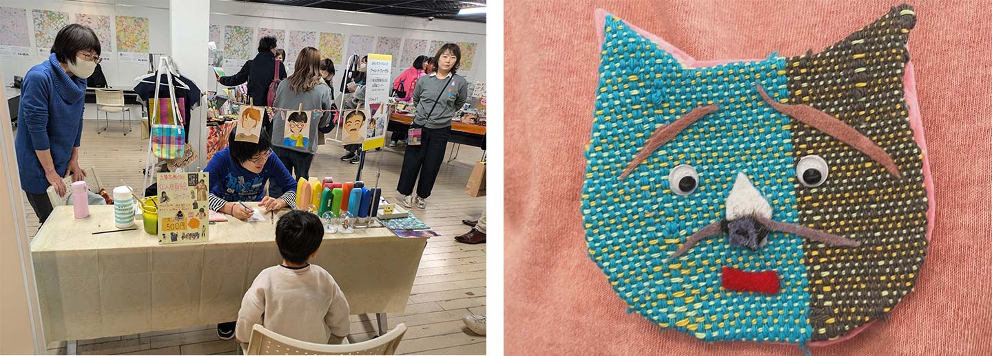 左の写真は、塚本愛実さんがブースに座り、子どもの似顔絵を描いている様子。右の写真は、眉毛が下がり困ったような顔をした猫ブローチの拡大写真。