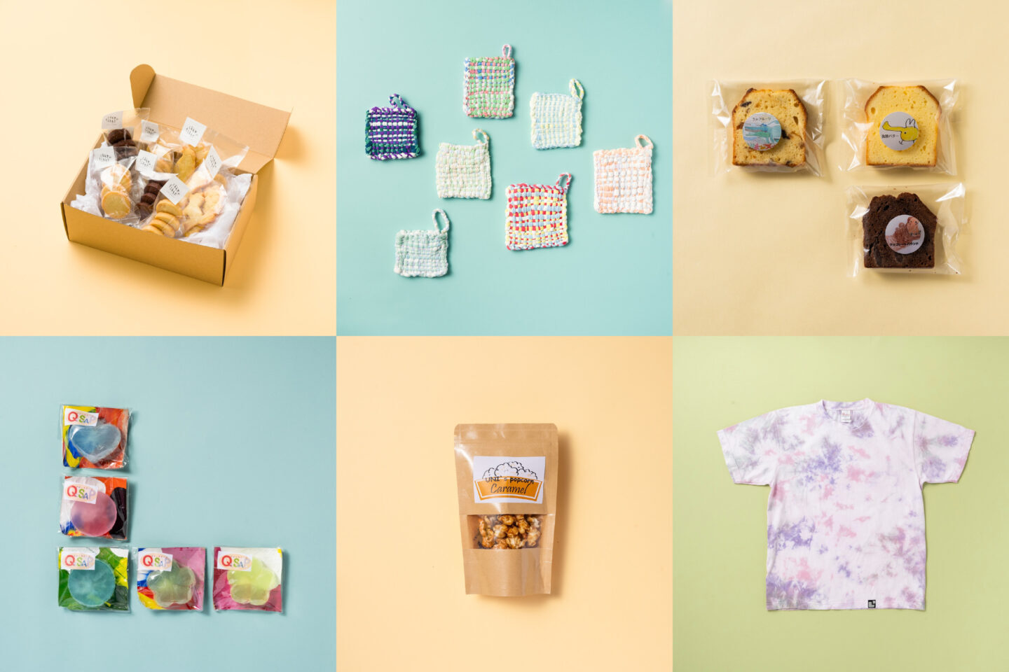 【画像】マルシェで販売されるアイテムの集合。左上から、クッキー、織り雑巾、パウンドケーキ、石鹼、ポップコーン、Tシャツ