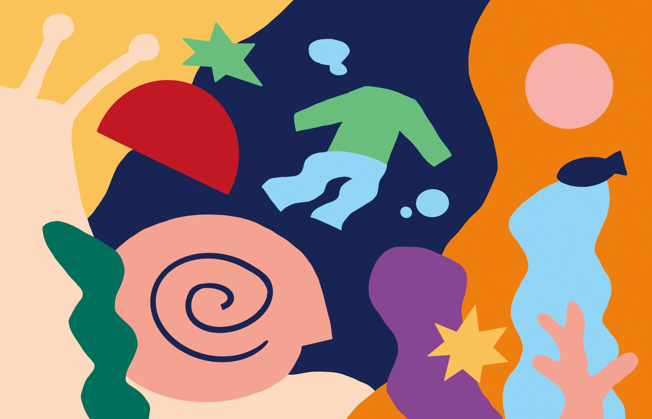 【イラスト】海中に人間の洋服らしきものが漂っている、その周りにはカタツムリやカイロウドウケツ、トマトなどが描かれている