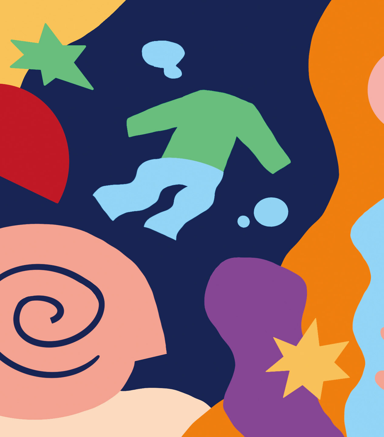 【イラスト】海中に人間の洋服らしきものが漂っている、その周りにはカタツムリやカイロウドウケツ、トマトなどが描かれている