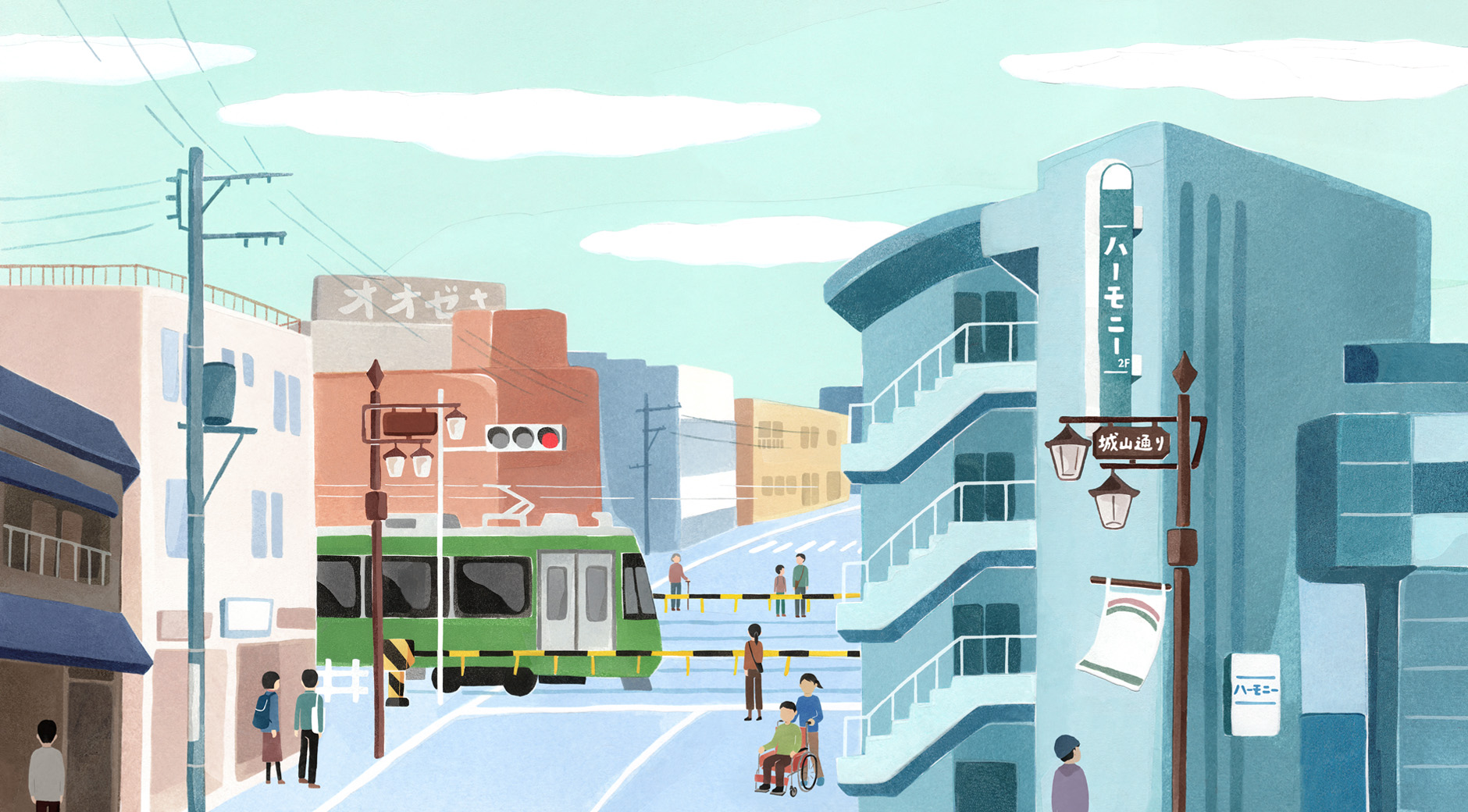 【イラスト】ハーモニーがある世田谷上町付近の風景。路面電車、信号機、ハーモニーと書かれた看板が描かれている