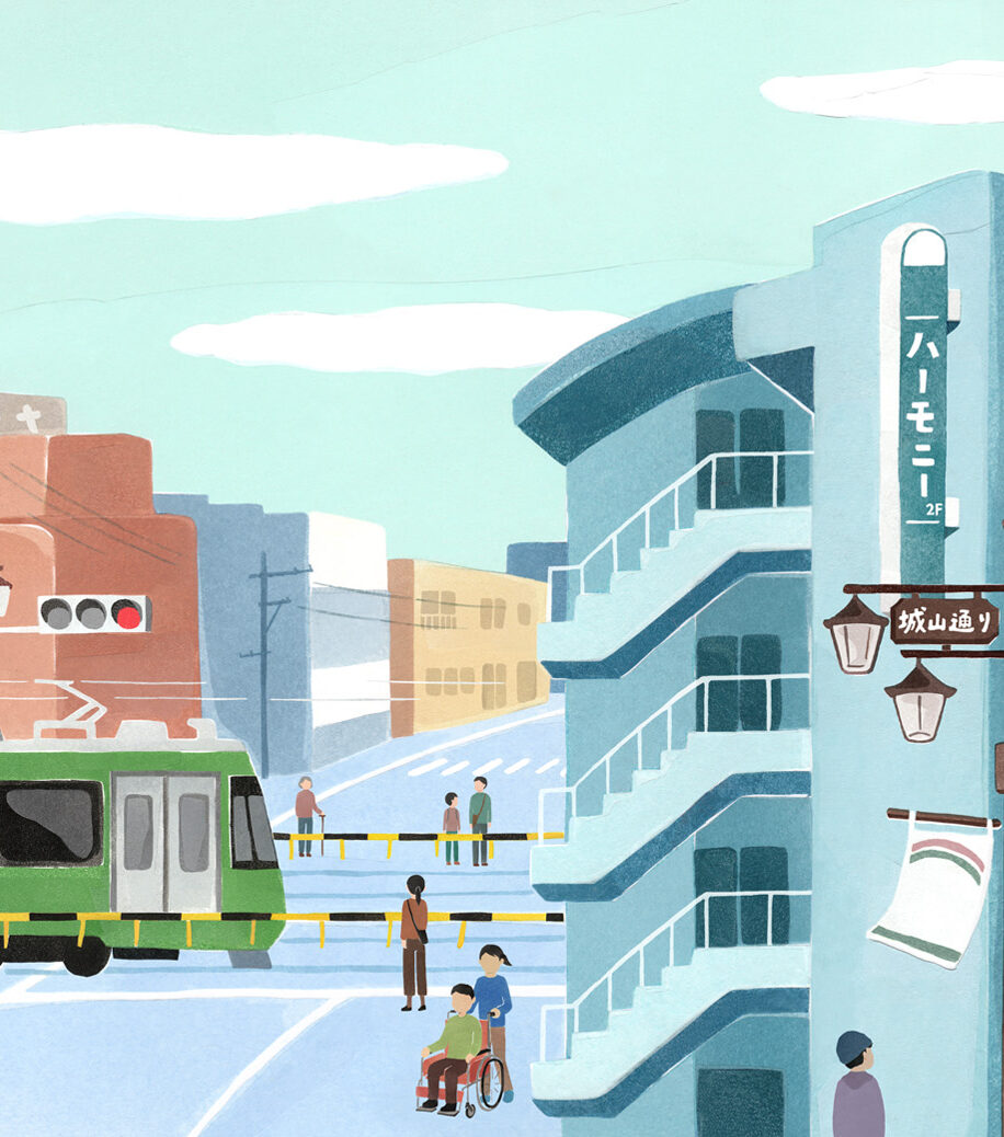 【イラスト】ハーモニーがある世田谷上町付近の風景。路面電車、信号機、ハーモニーと書かれた看板が描かれている