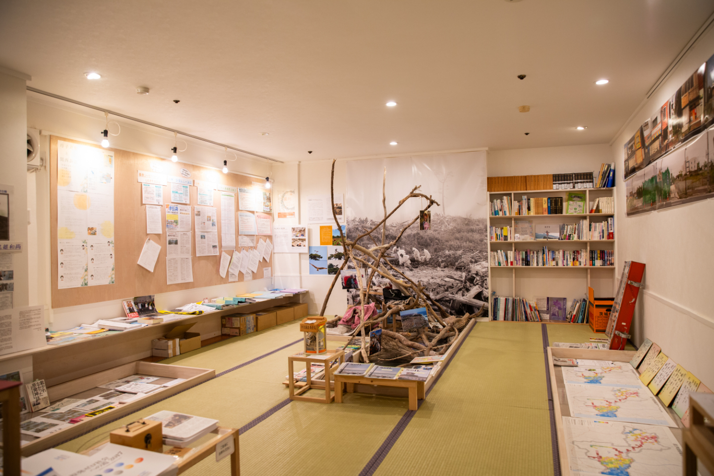 【写真】畳の一室にたくさんの資料が展示されている空間