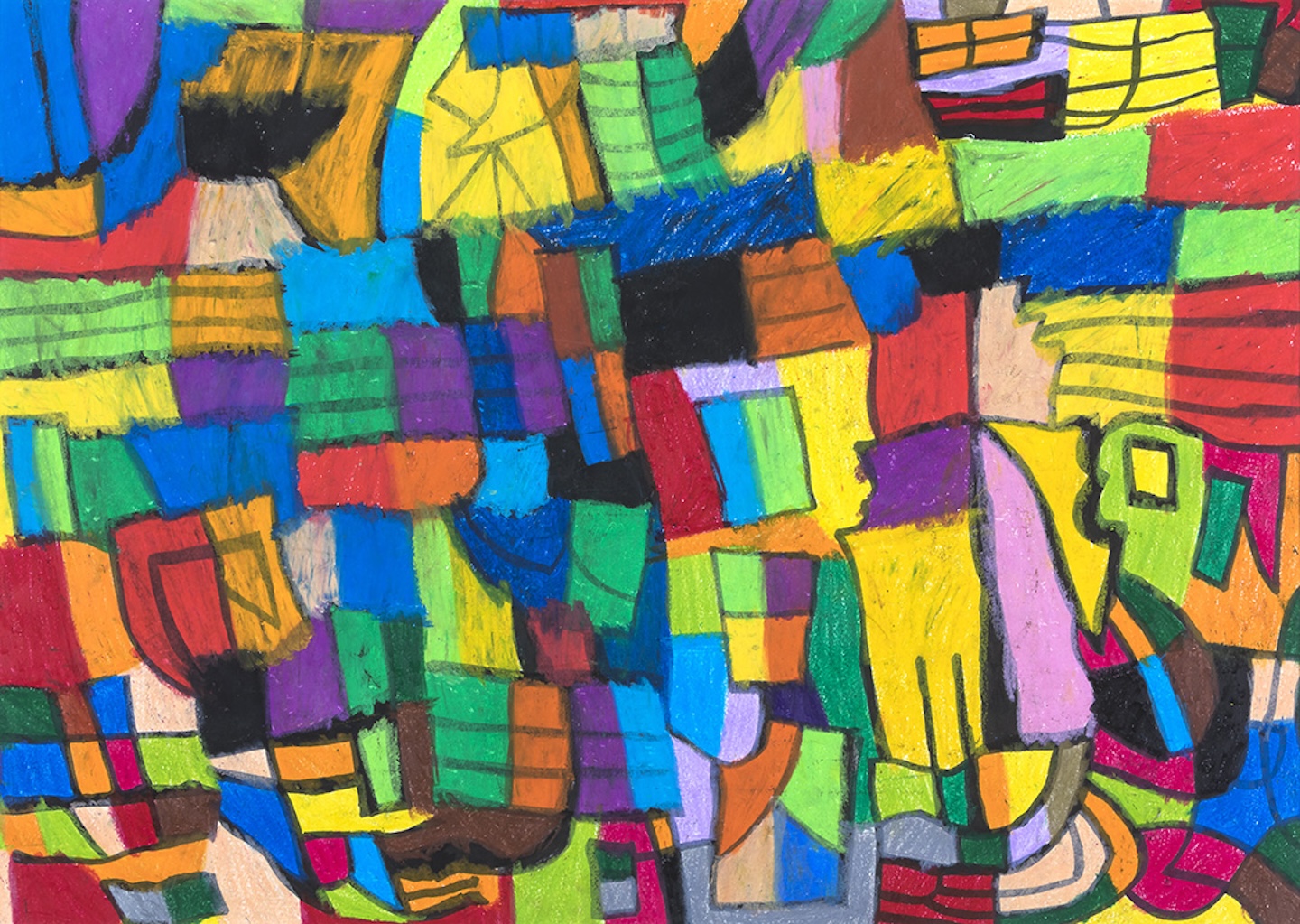 太い黒い線とカラフルな色が紙面を埋めている画像