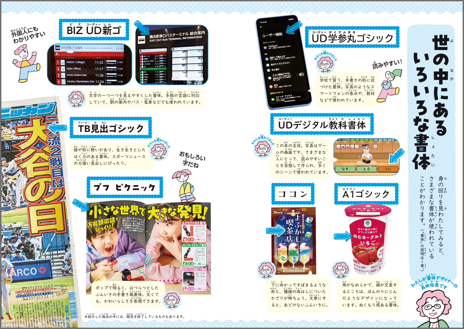 【画像】本文見開きカラーページ。スマホや本、お菓子のパッケージが、フォント名とともに記されている