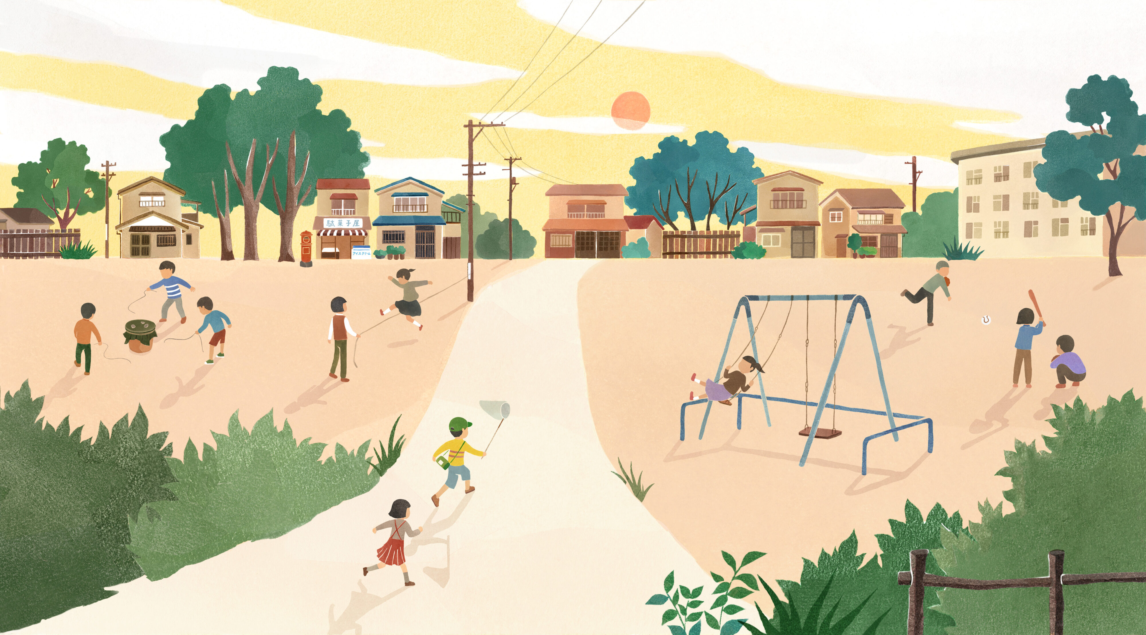 【イラスト】ベーゴマやゴム跳び、虫取りをして遊ぶ子どもたち