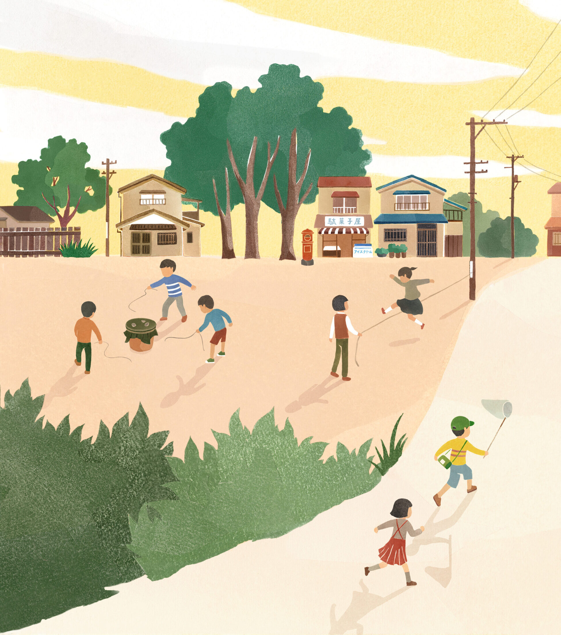 【イラスト】ベーゴマやゴム跳び、虫取りをして遊ぶ子どもたち