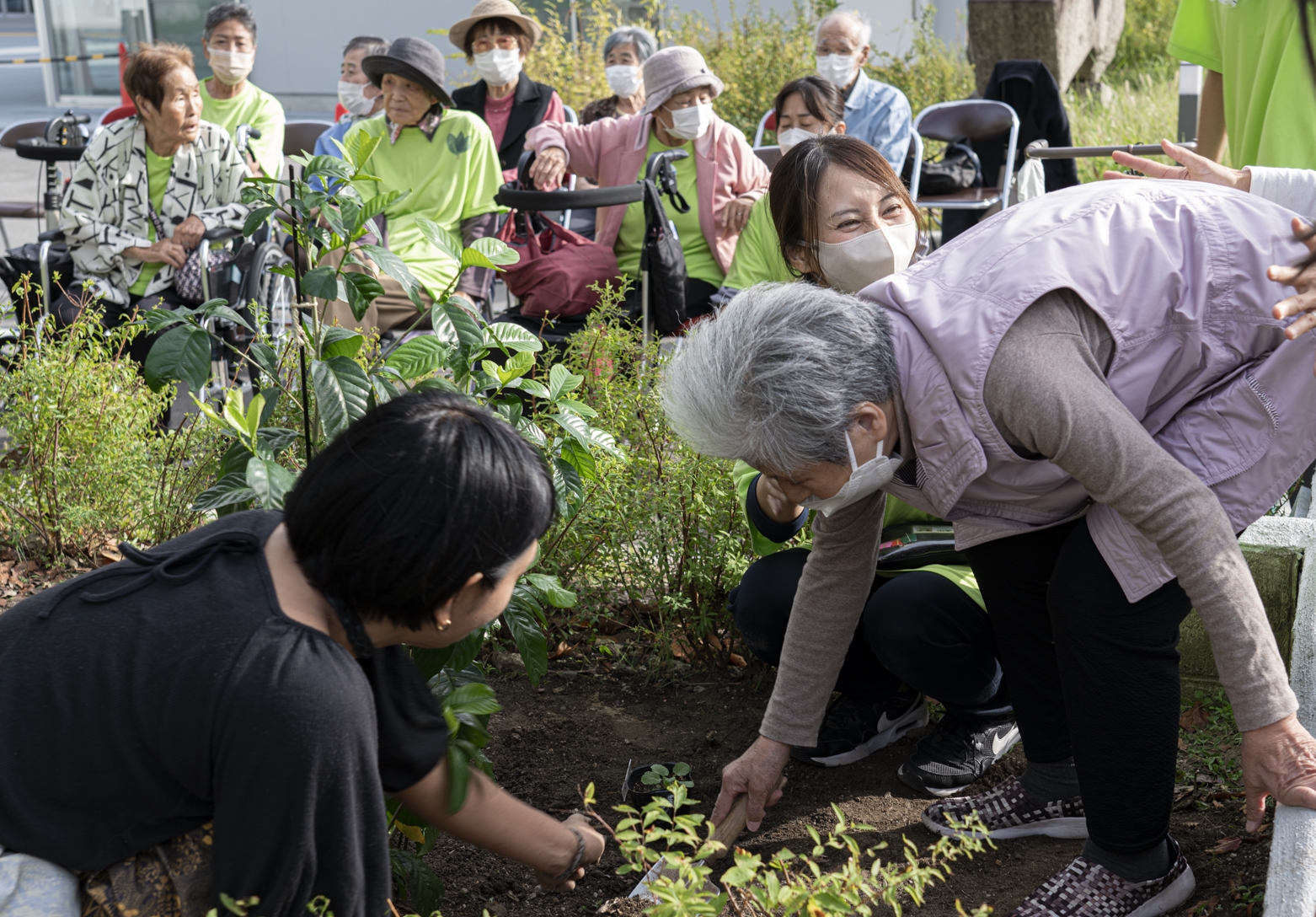 【画像】花壇に緑を植えている。作業している人や、後ろで見ている人の中には高齢者の姿も