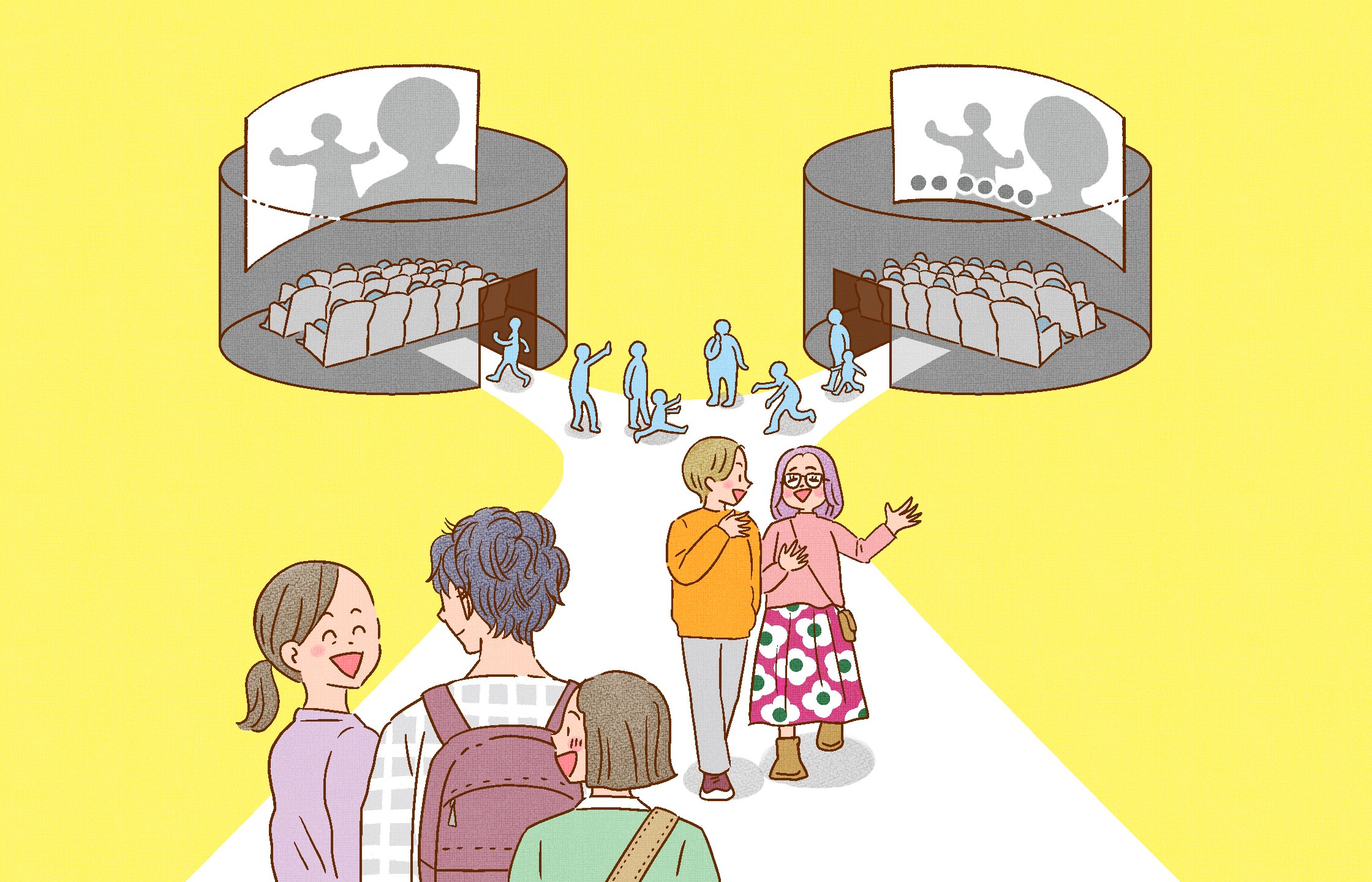 【イラスト】黄色い背景の上に白い道が画面の下側から中央に向かって伸びている。白い道は2つ二分かれ、左側の道は字幕のない映画館、右側の道は字幕のある映画館につながっている。それぞれの映画館に向かう人、出てくる人の表情がみな笑顔。