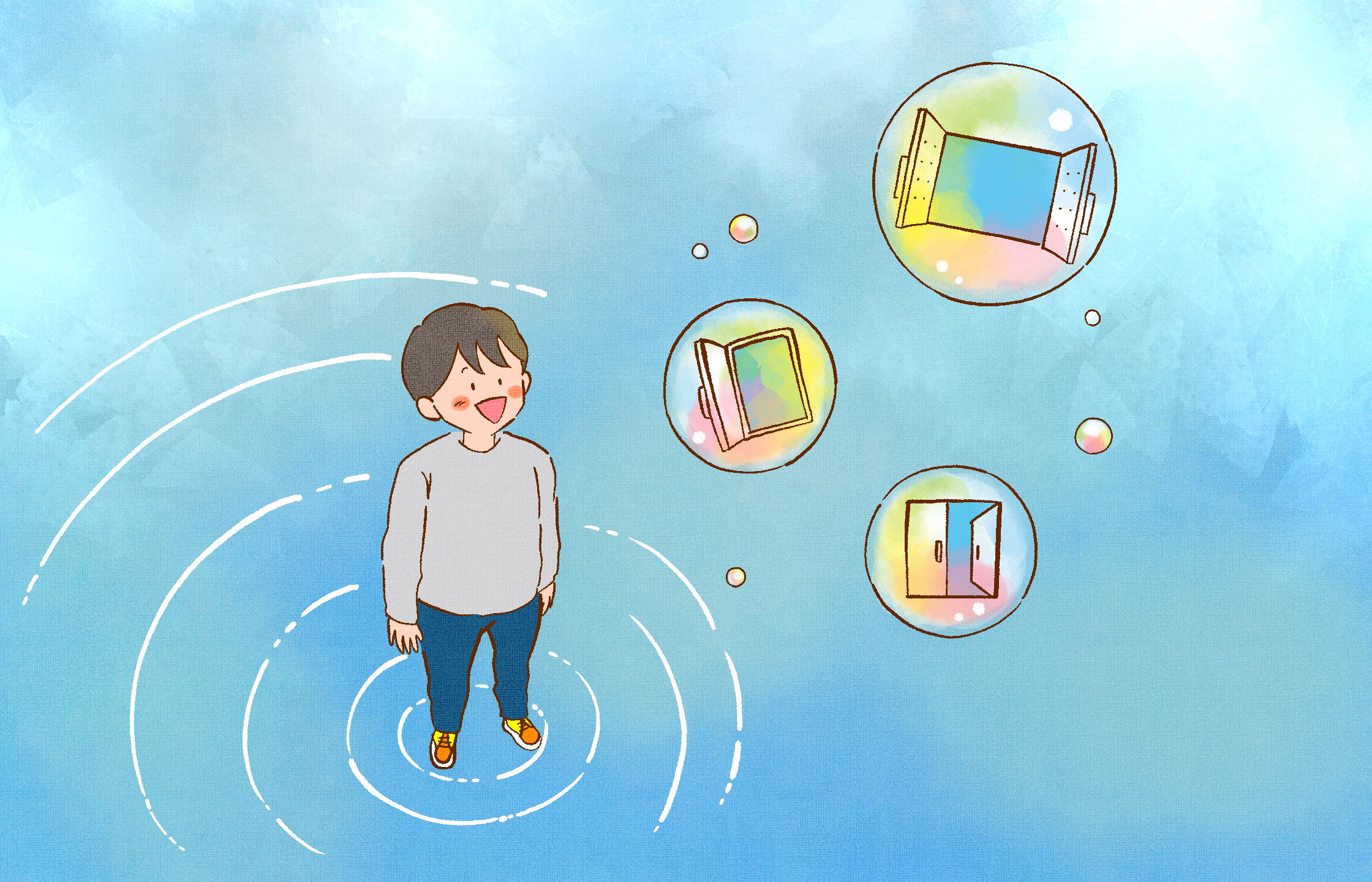 【イラスト】画面全体が青い。中央に男性が立ち、みあげるポーズ。見上げる先にはさまざな色の窓がシャボン玉のような丸の中に描かれている。男性は笑顔で頬が赤い。