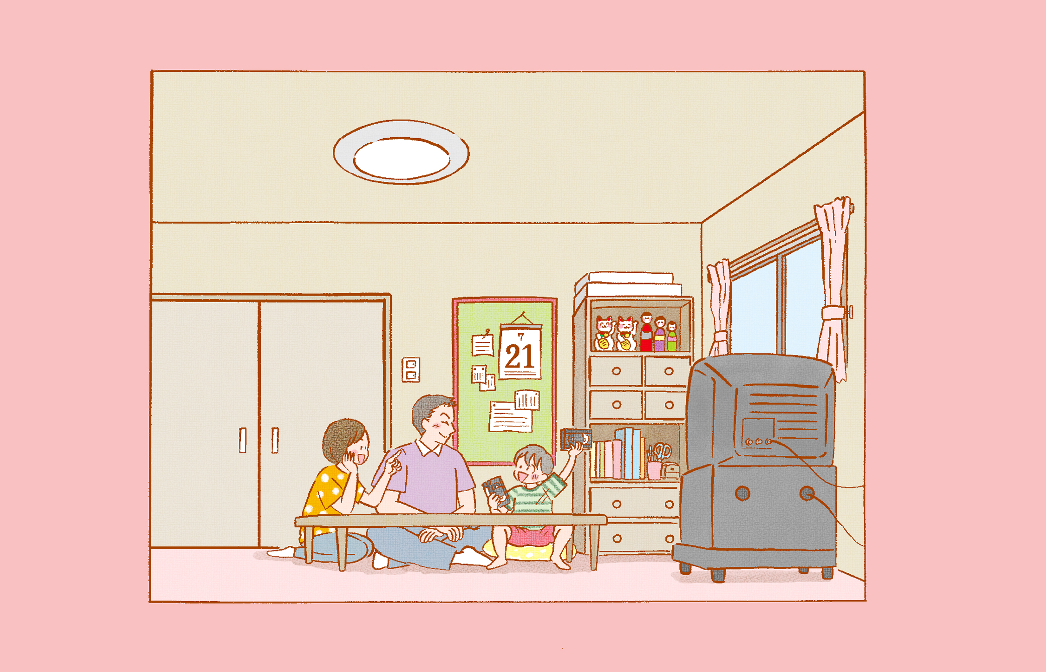 【イラスト】住宅の中のリビングのイラスト。画面右側にテレビの後ろ姿があり、その向こう側に両親と小さな男の子の3人がちゃぶ台に座っている。