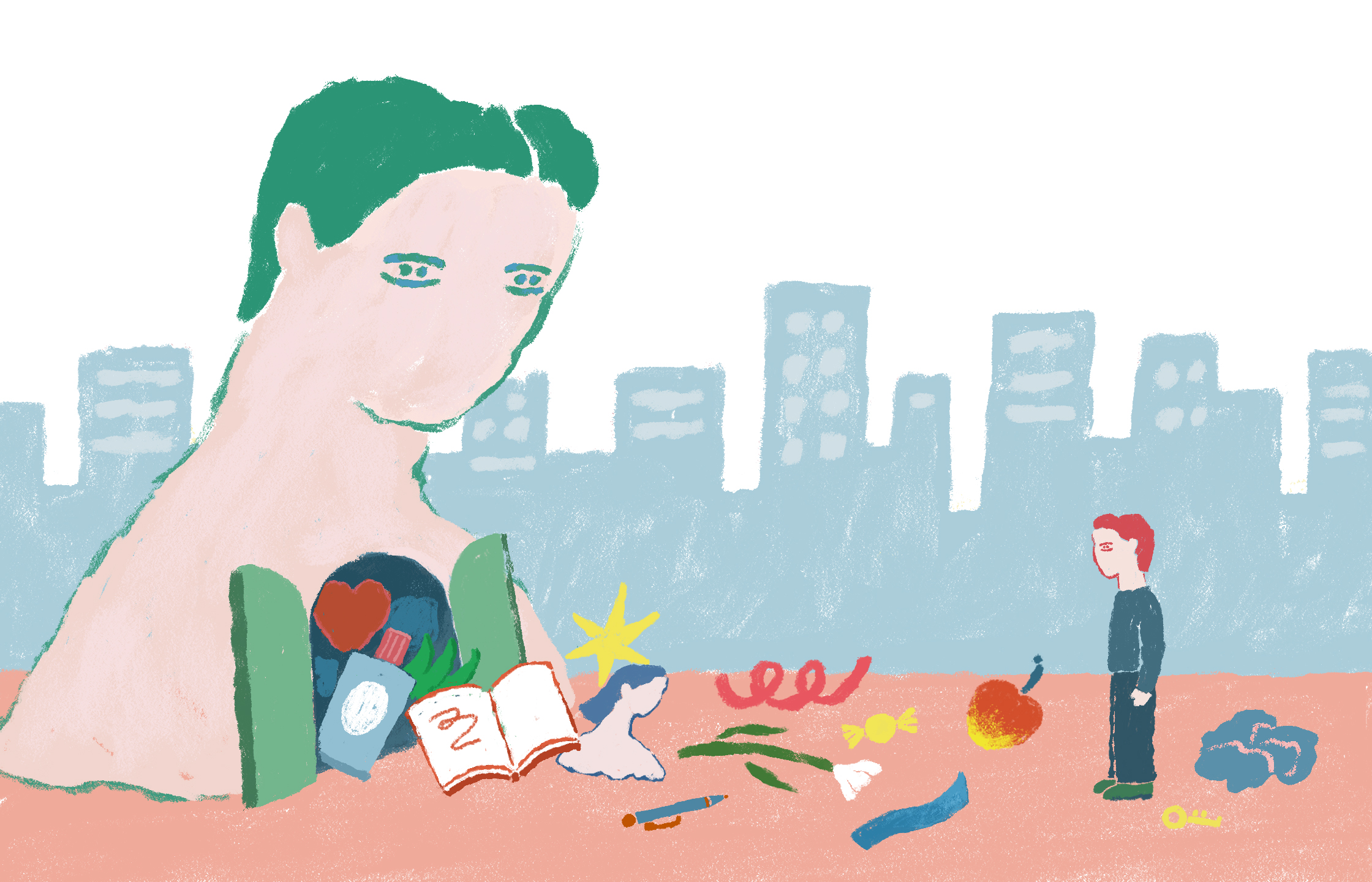 【イラスト】高層ビルより大きな人間の胸あたりに、扉がある。その扉から、本屋やりんご、星やペンなどが溢れてしまっている。それを眺めボー然とする小さな人間