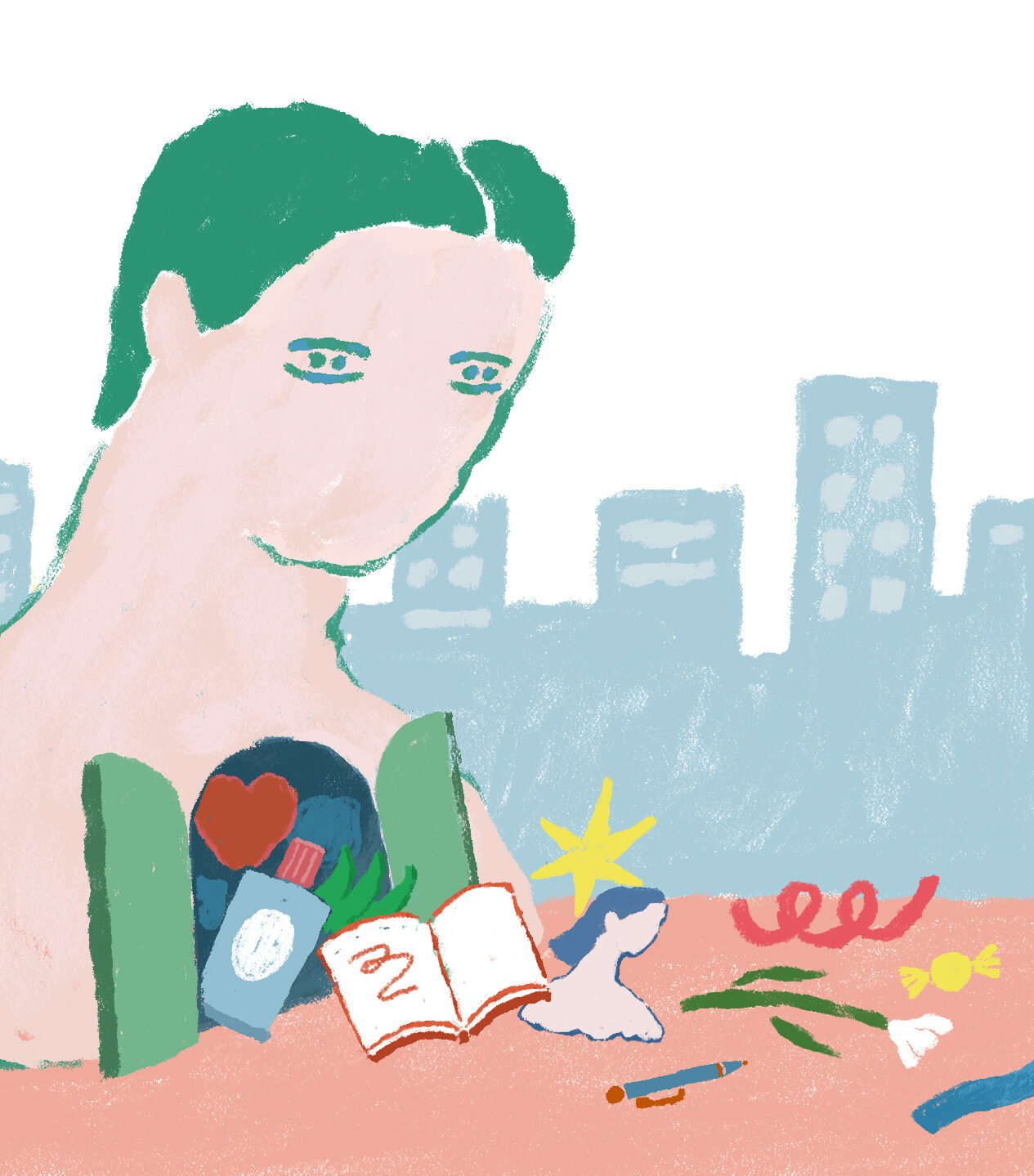 【イラスト】高層ビルより大きな人間の胸あたりに、扉がある。その扉から、本屋やりんご、星やペンなどが溢れてしまっている。それを眺めボー然とする小さな人間