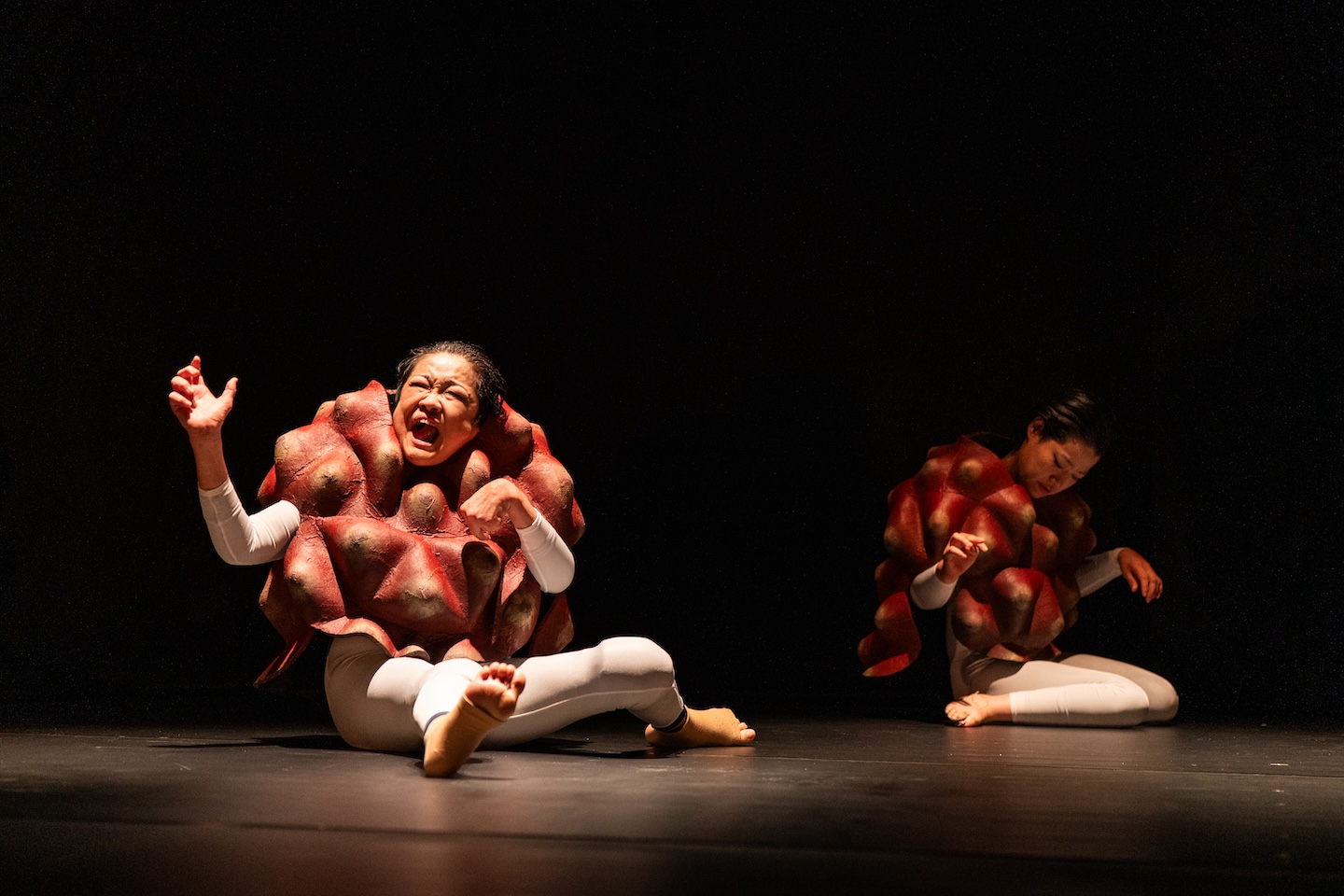 茶色のゴツゴツしたものを上半身に身に着けて座っているパフォーマー2人