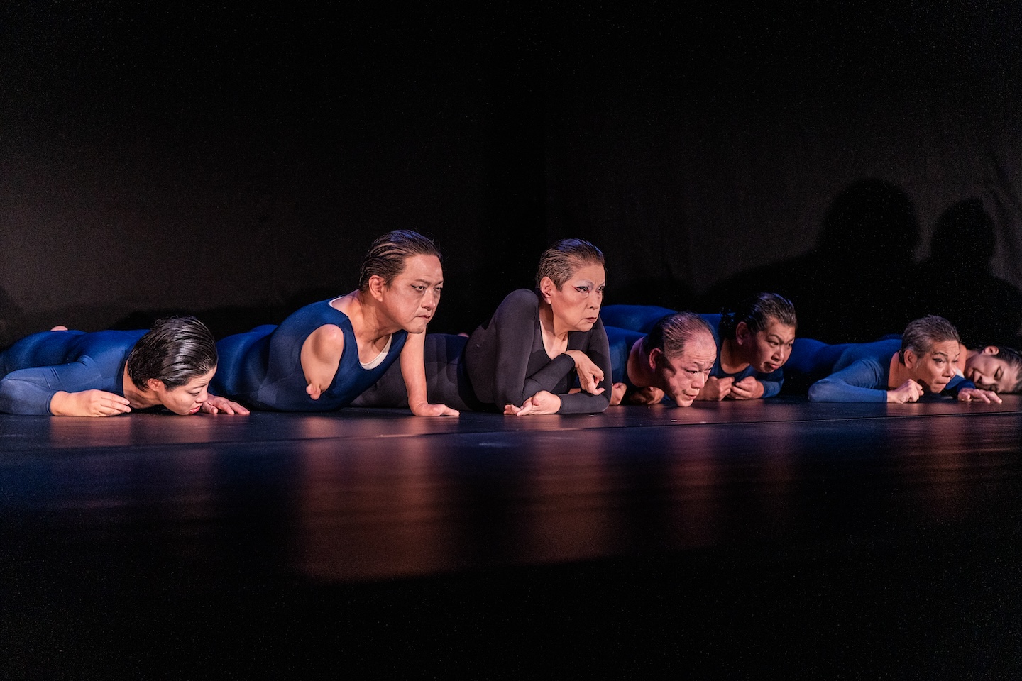青いレオタードを身に着けた7人が腹ばいになって、舞台から正面を見つめている
