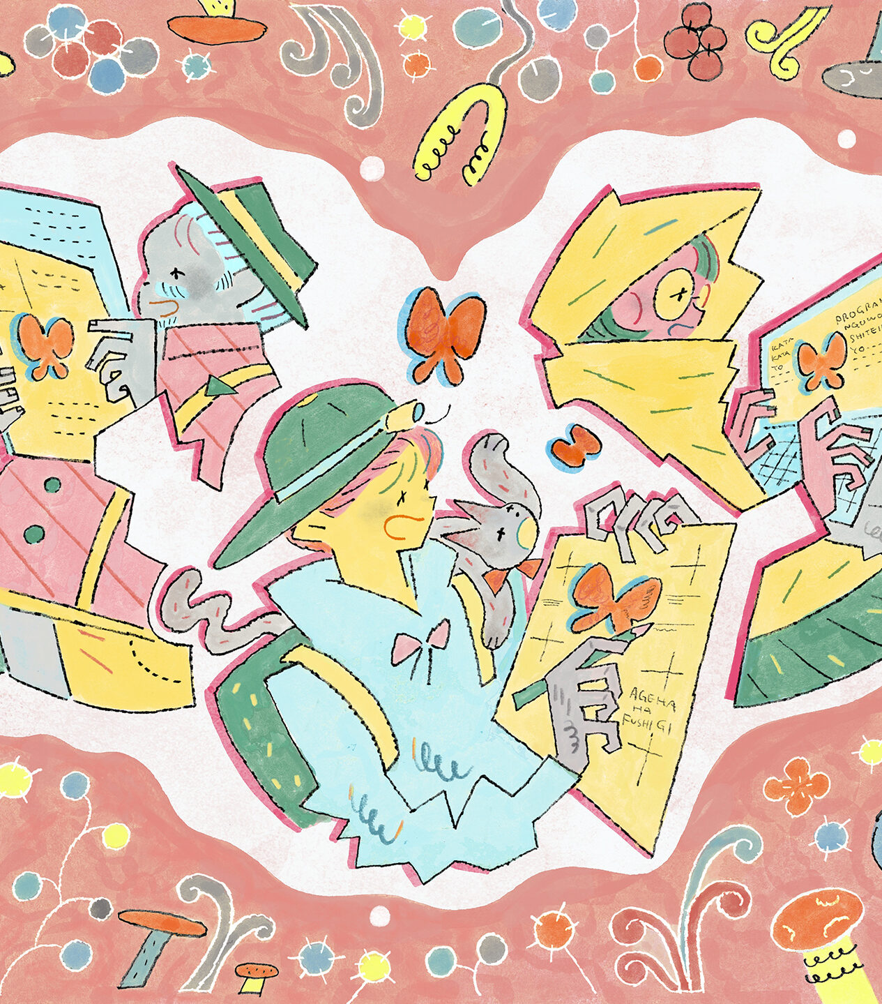 【イラスト】安全が保たれた場所で、調べ物をしている人が3名。それぞれ違う場所にいて、違うツールを使っているが、どこか一緒に学んでいる様子にも見える