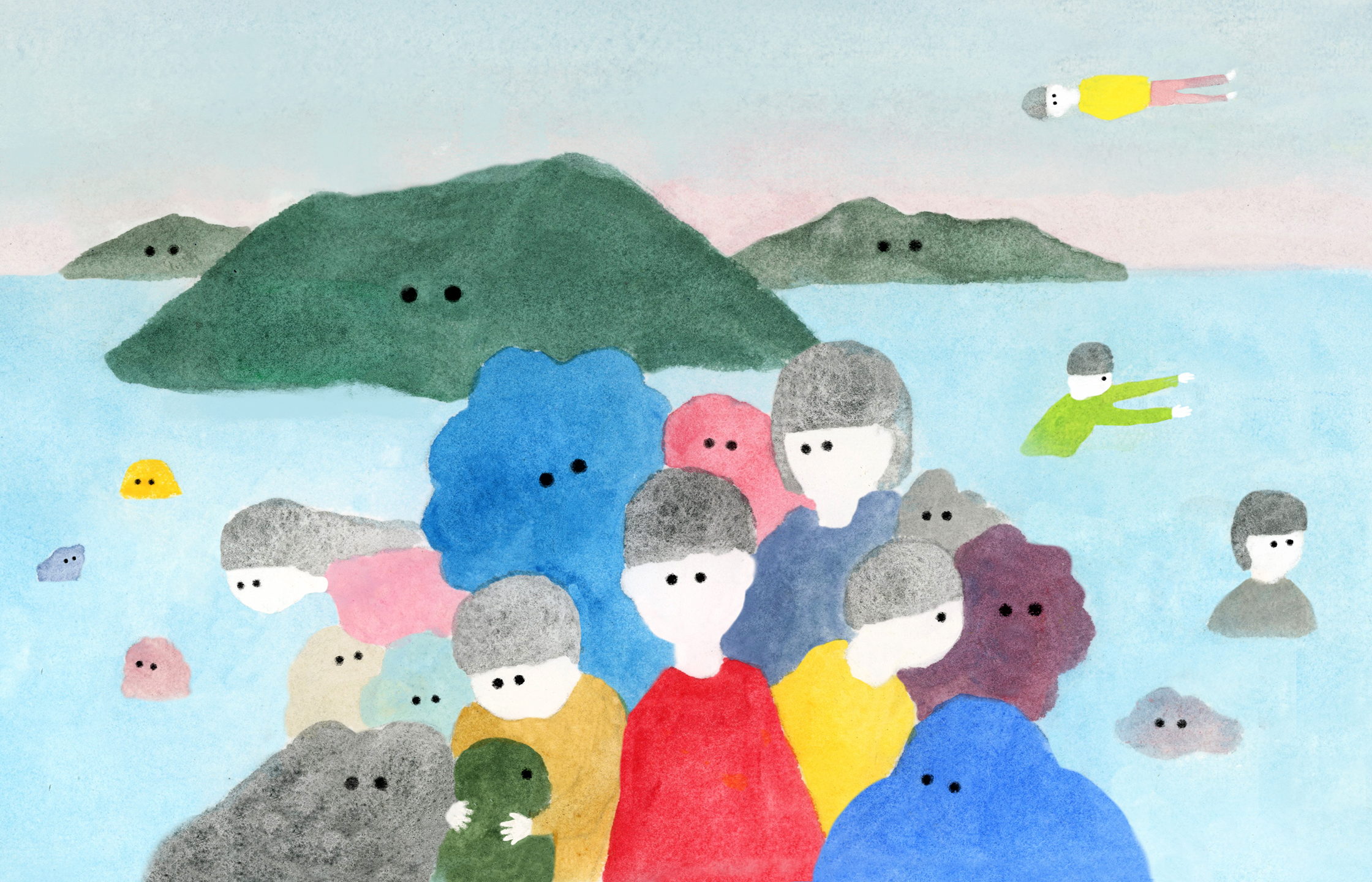 【イラスト】1人の人物の後ろに、さまざまな生き物がのぞいている。その中には、島も空を浮遊する人もいる