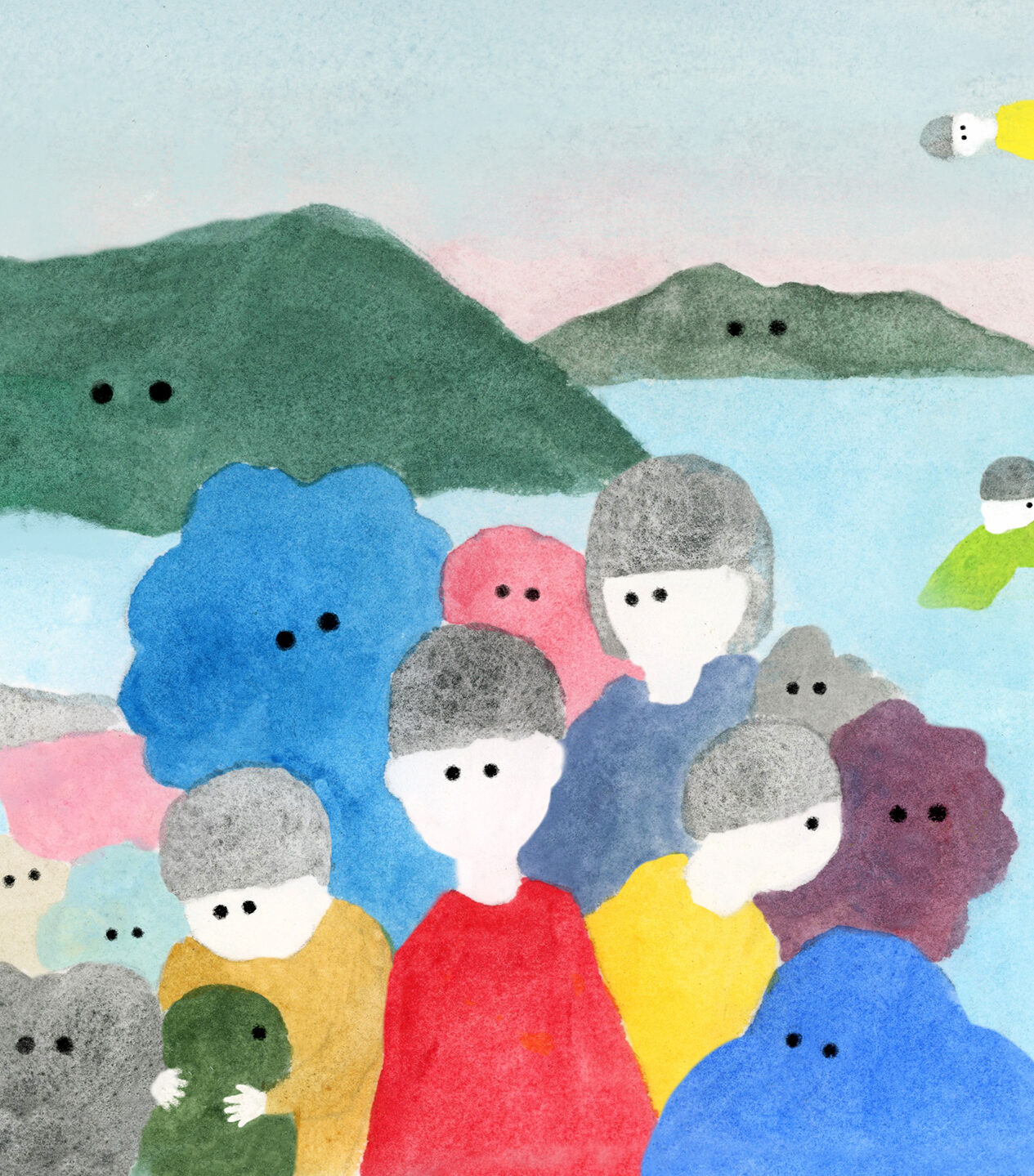 【イラスト】1人の人物の後ろに、さまざまな生き物がのぞいている。その中には、島も空を浮遊する人もいる