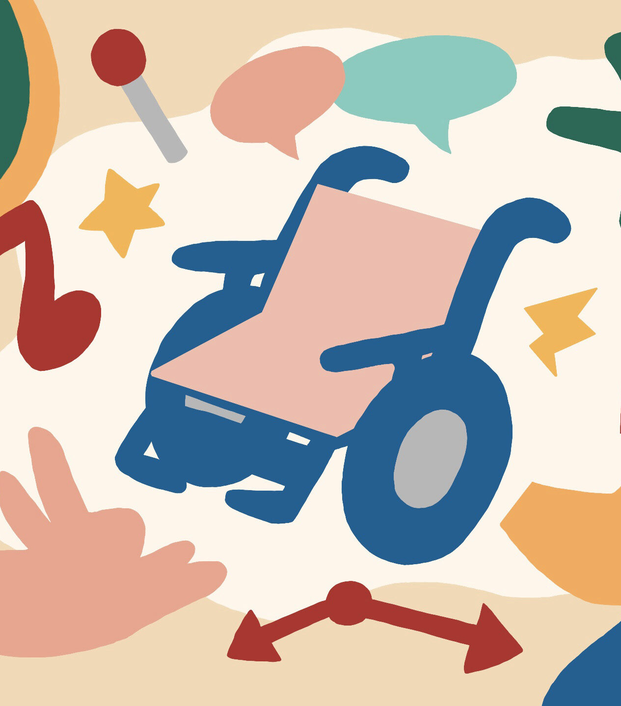 【イラスト】電動車椅子が描かれている、その周りに、踊る時計や、うさぎ、かめ、ジョイスティックなどが散りばめられている