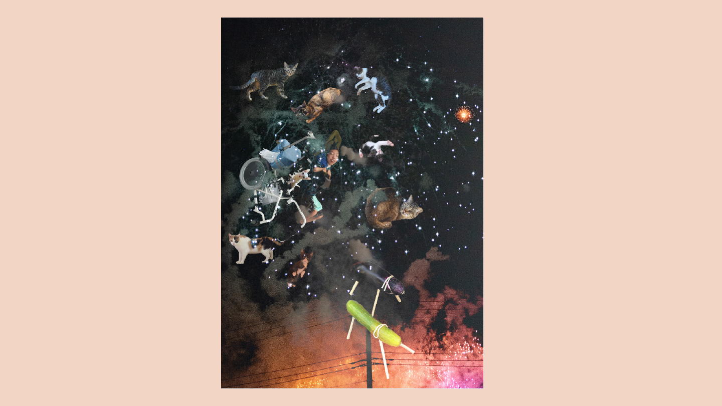 星がきらめく夜空に亡くなった瑞樹さんとたくさんの猫がおり、キュウリの馬とナスの牛に連れられて帰ってきてきているようなコラージュ作品