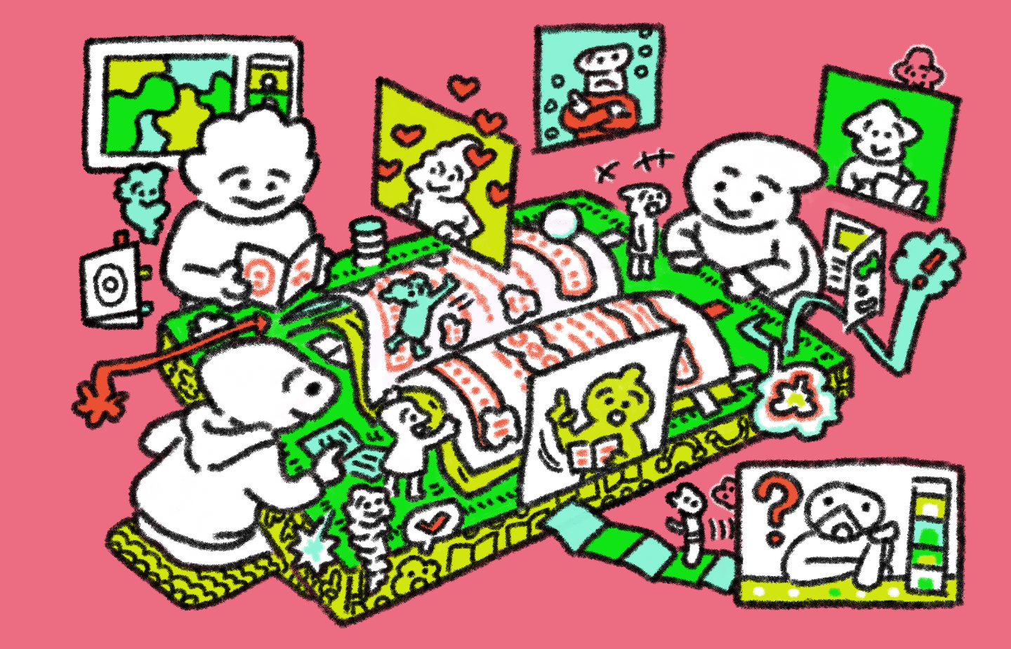 【画像】テーブルを囲んで、たくさんの人が座ったり、モニター上で横にいたりしながら、話したり本を読んだりしている