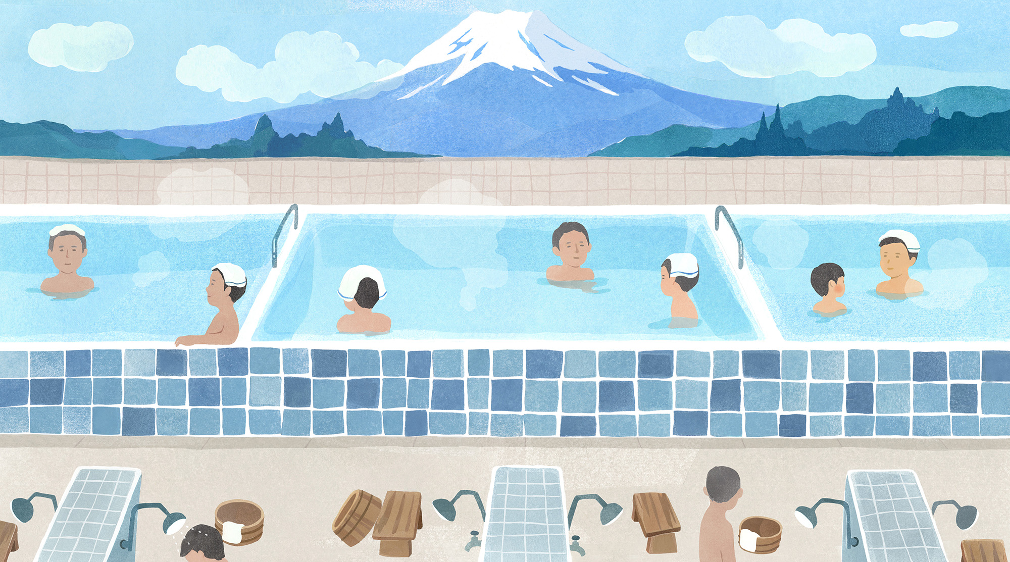 【イラスト】銭湯の浴槽。壁には富士山のイラストが描かれている