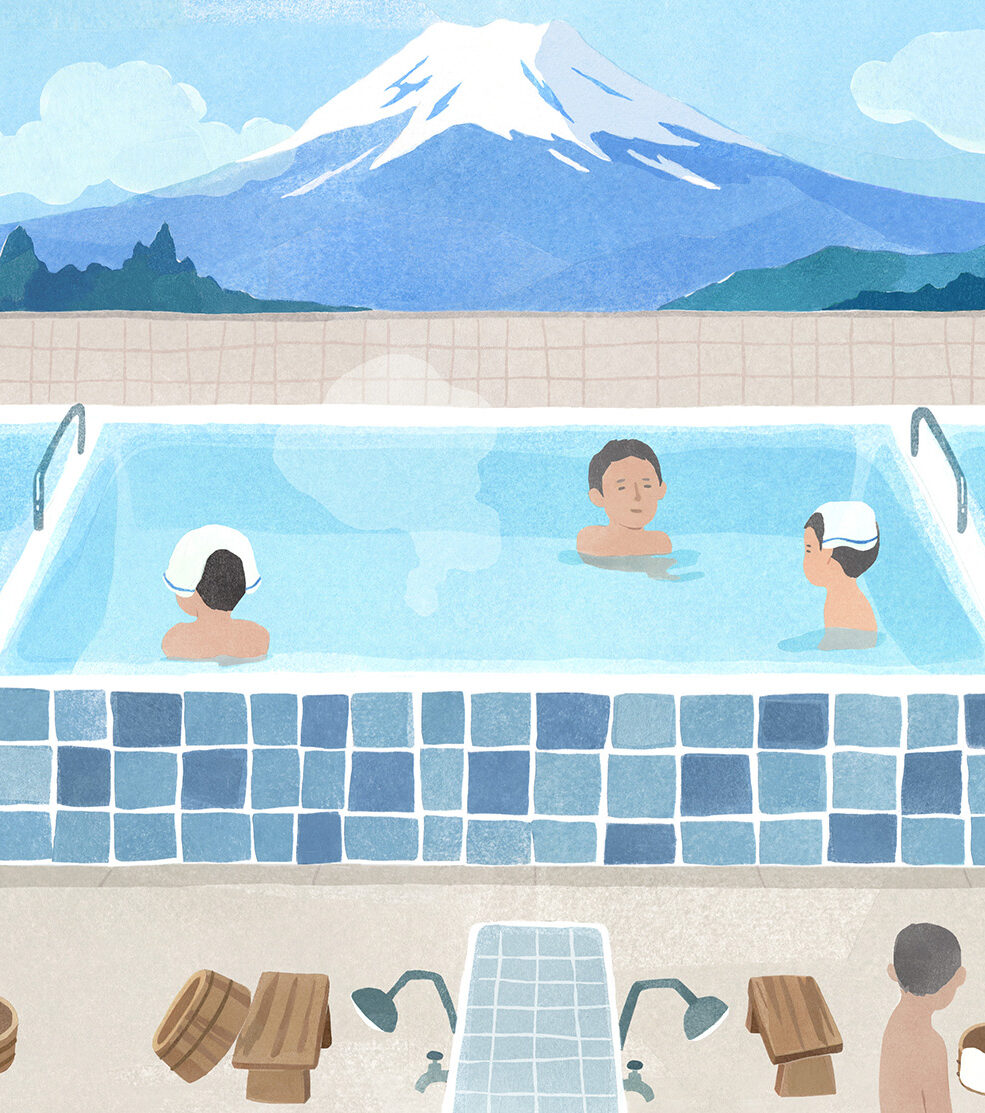 【イラスト】銭湯の浴槽。壁には富士山のイラストが描かれている