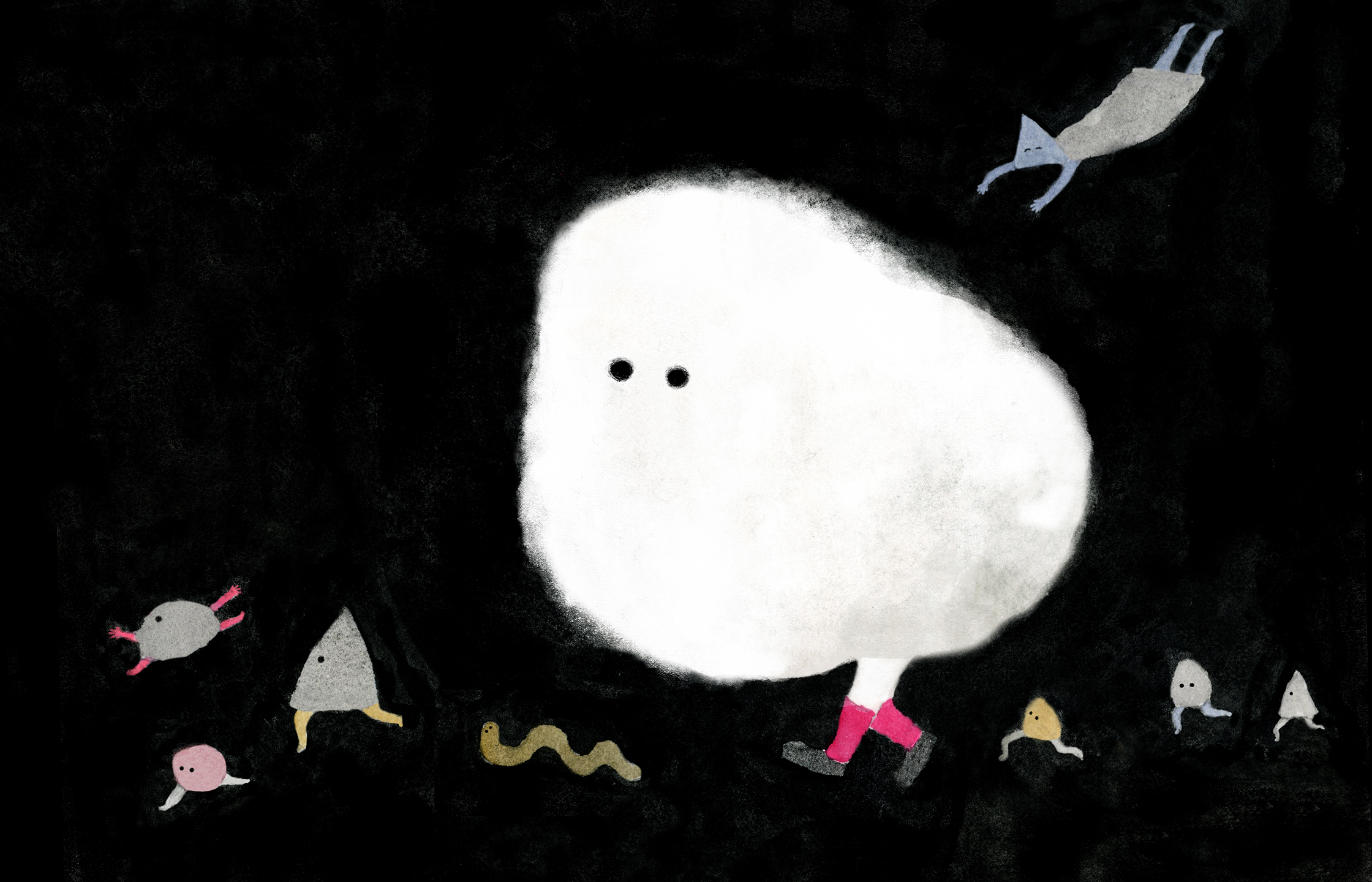 【イラスト】暗闇の中堂々とあるく白いモコモコのキャラクター。ピンク色の靴下と黒い靴を履いて、歩幅ちいさめで歩いている