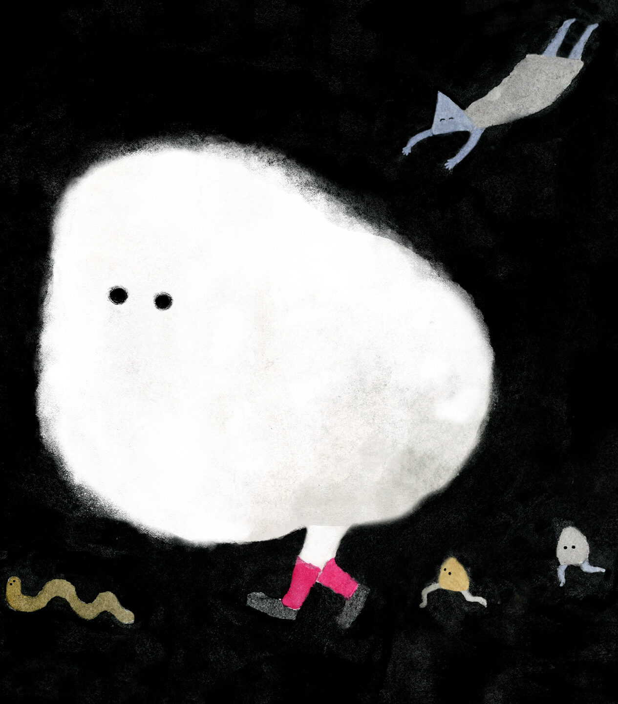 【イラスト】暗闇の中堂々とあるく白いモコモコのキャラクター。ピンク色の靴下と黒い靴を履いて、歩幅ちいさめで歩いている