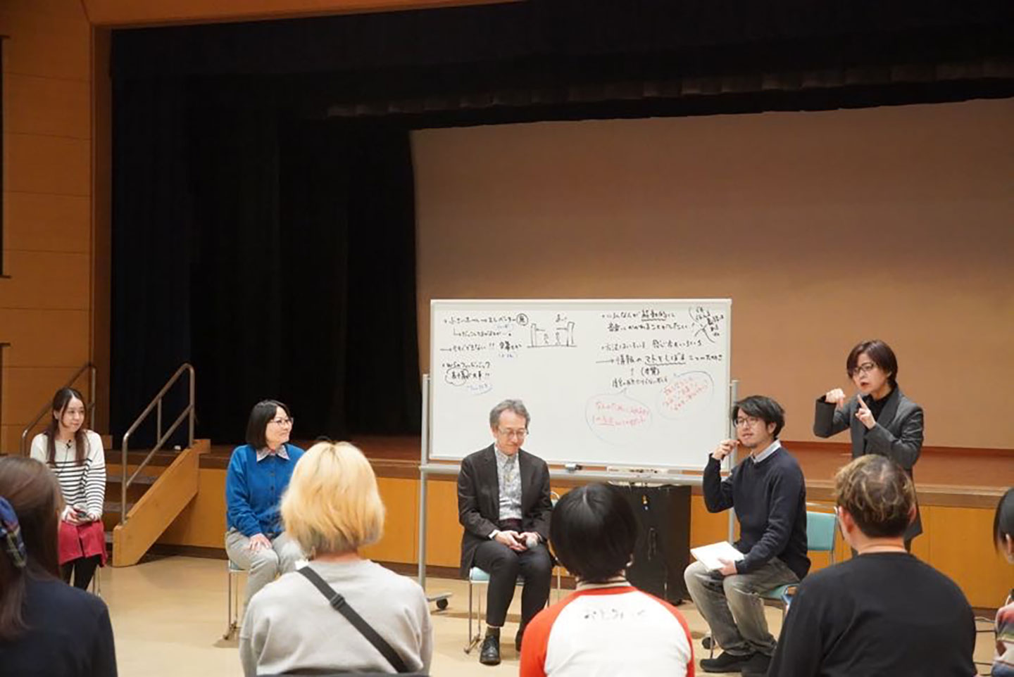 ラウンドテーブルの様子。ホワイトボードの前に長津さんが座り、解説している写真。