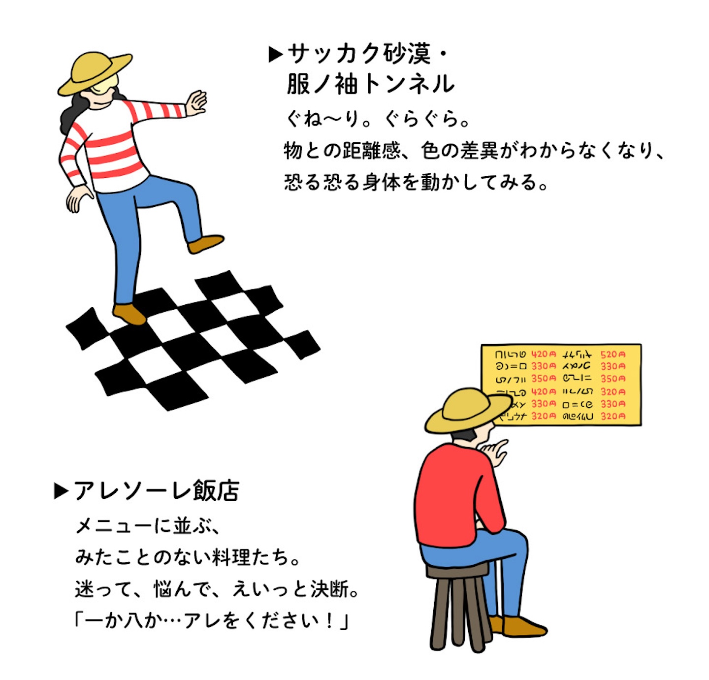 目隠しをして足元がふらふらした人、メニューを眺めて悩んでいる人が描かれたイラスト