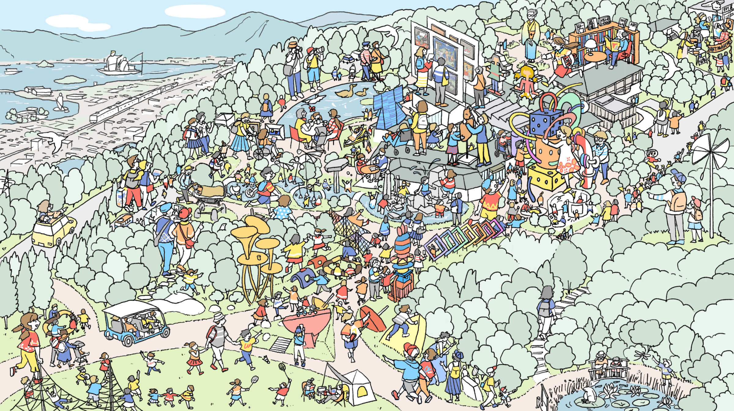 【イラスト画像】緑の丘のなかに、いろんな建物や作品が立ち並ぶ。間にたくさんの人がいる