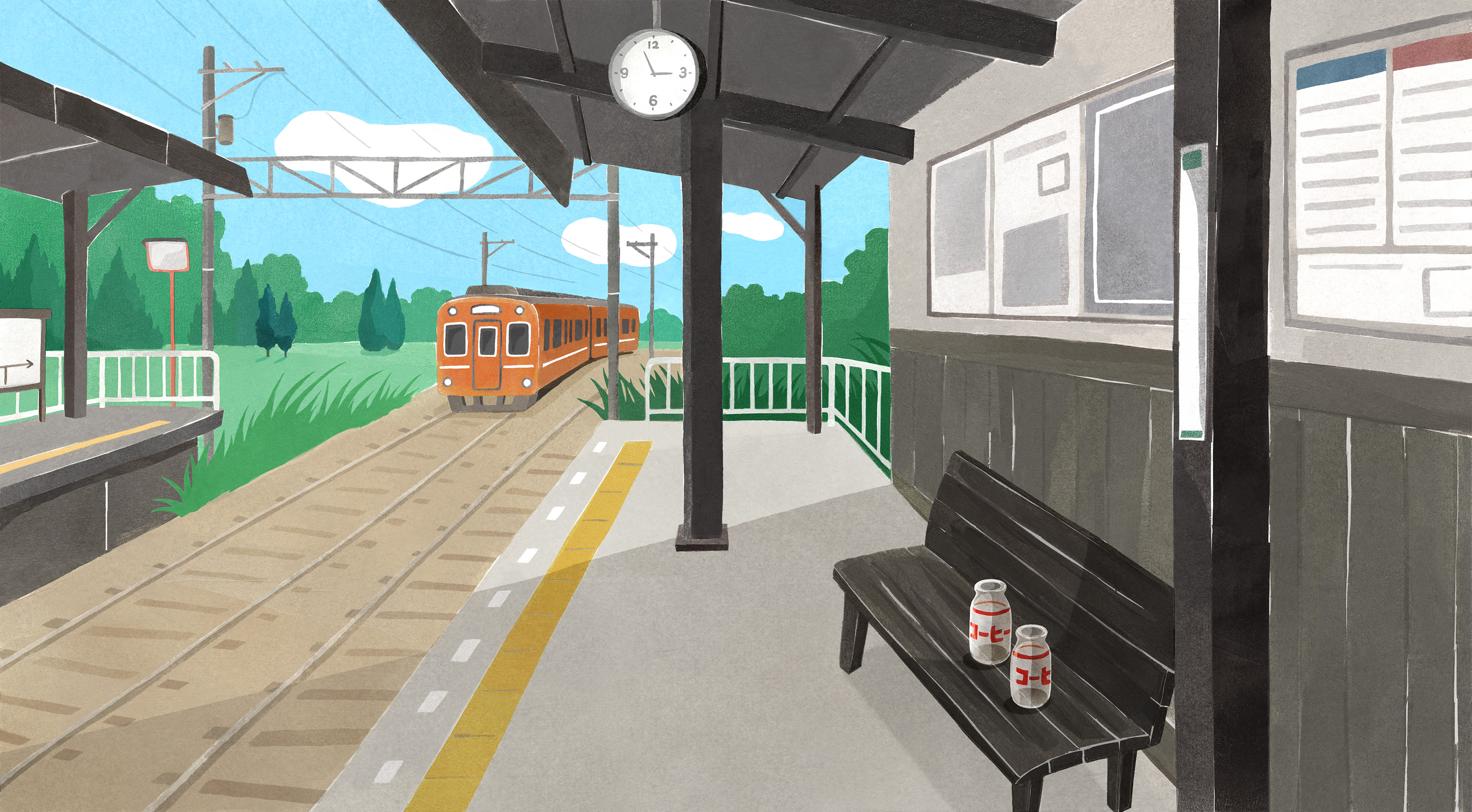【イラスト】駅のホームのベンチに牛乳瓶が2本置いてある