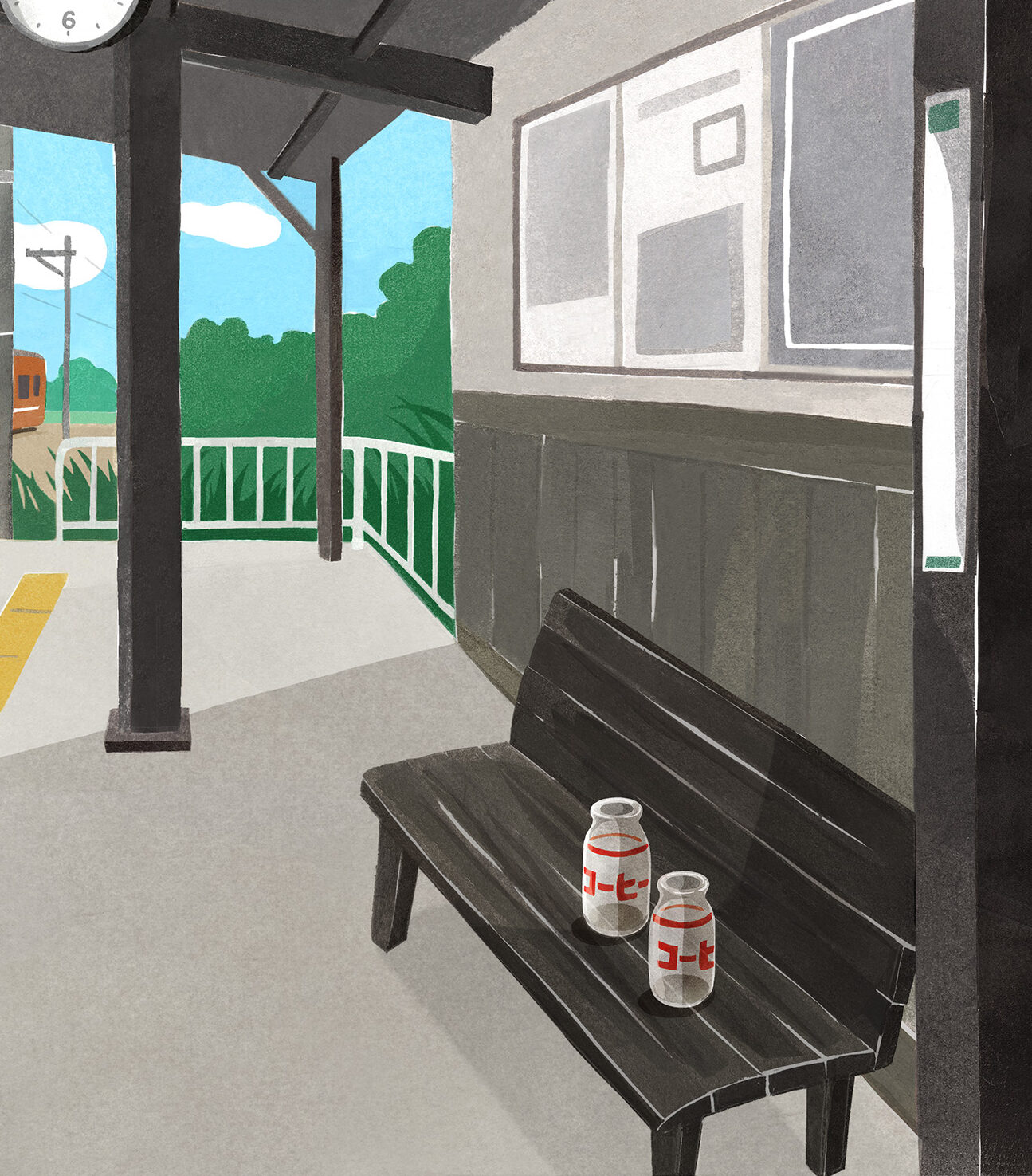 【イラスト】駅のホームのベンチに牛乳瓶が2本置いてある