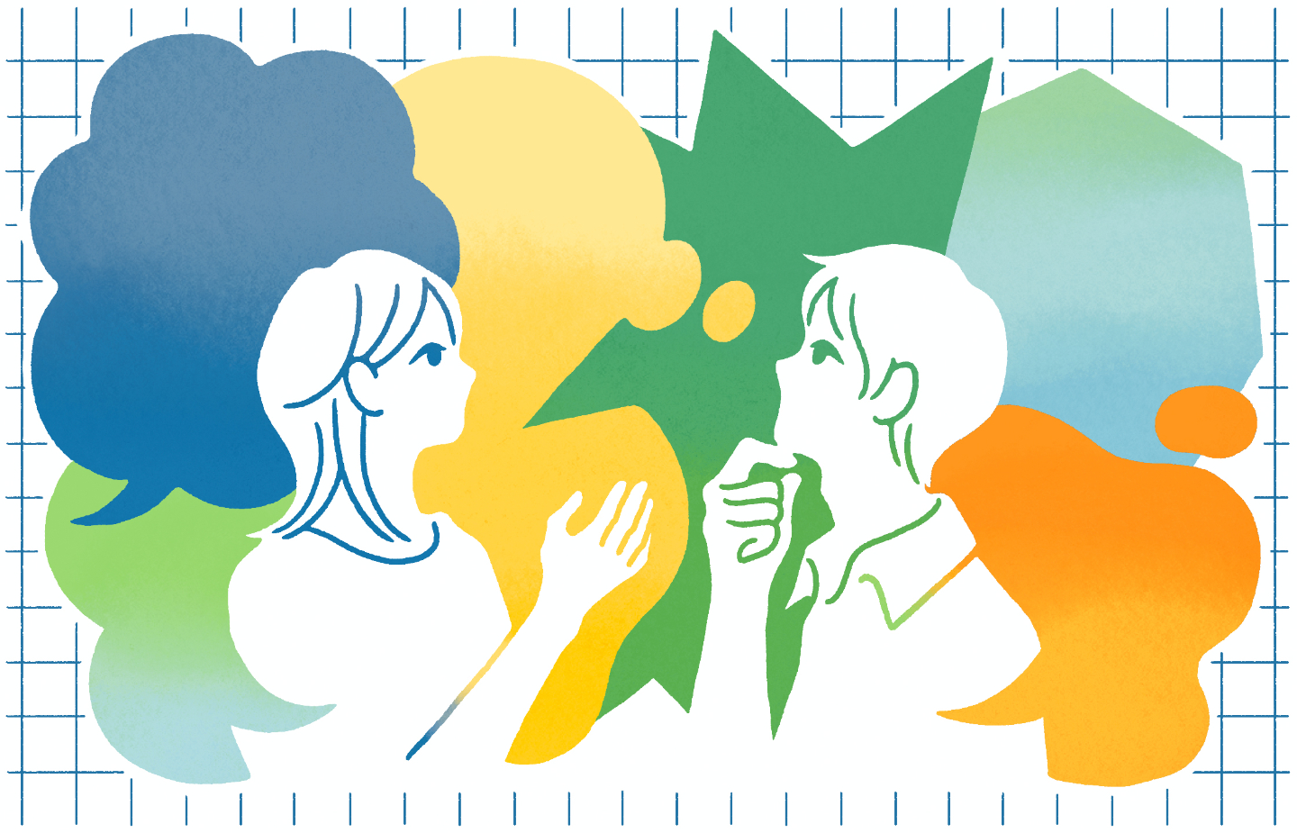 【画像】2人の人物がさまざまなことを思う浮かべながら、向き合っているイラスト