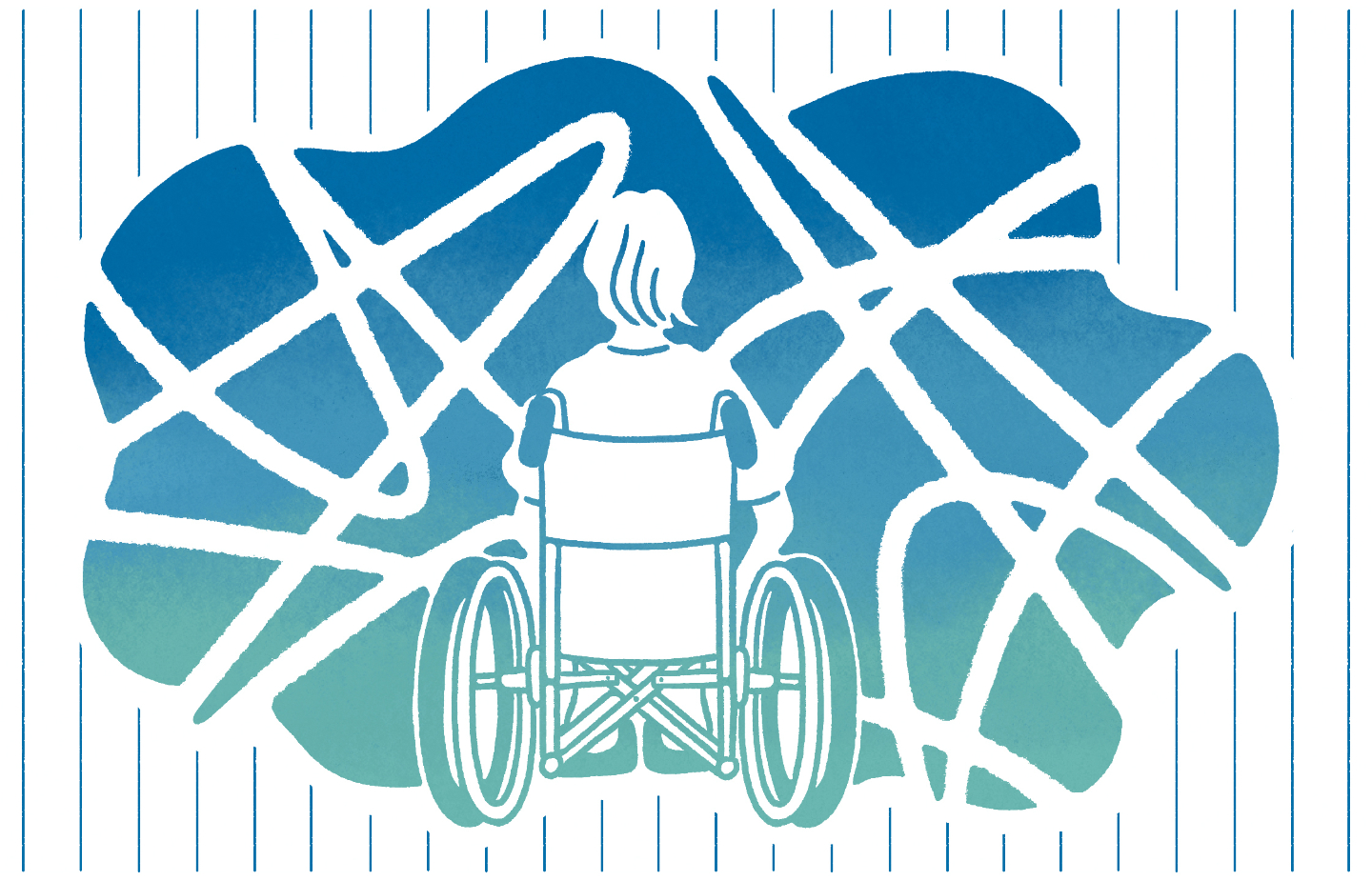【画像】車椅子の人が背中を向けているイラスト。周囲にいくつものロープが漂っている