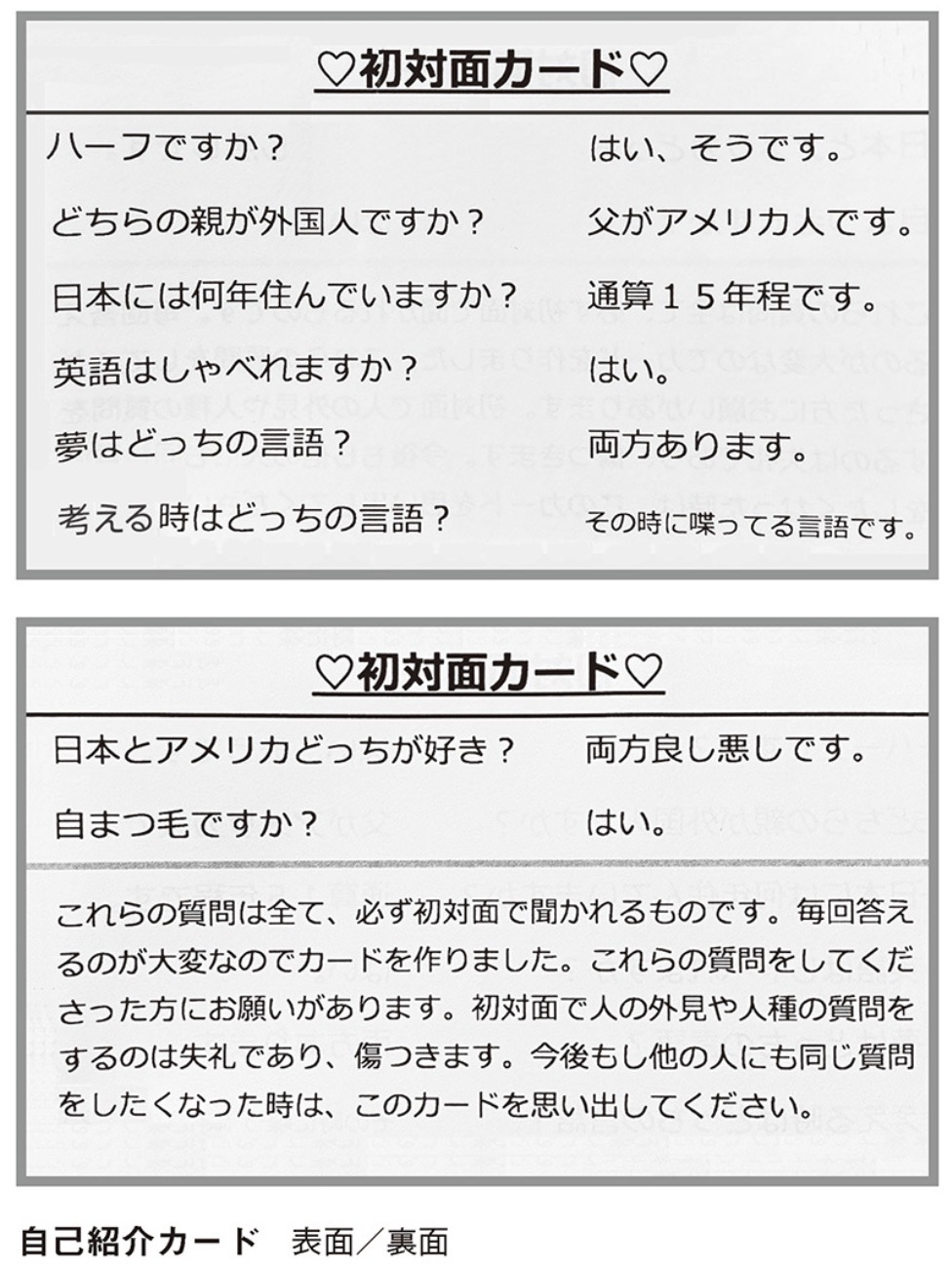 【画像】初対面カード。表には、ハーフですか、はいそうです。どちらの親が外国人ですが、父がアメリカ人です。など質問と回答が書かれている。裏側には、「これらの質問は全て、必ず初対面で聞かれるものです。毎回答えるのが大変なのでカードを作りました。これらの質問をしてくださった方にお願いがあります。初対面で人の外見や人種の質問をするのは失礼であり、傷つきます。今後もし他の人にも同じ質問をしたくなった時は、このカードを思い出してください。」と書かれている。